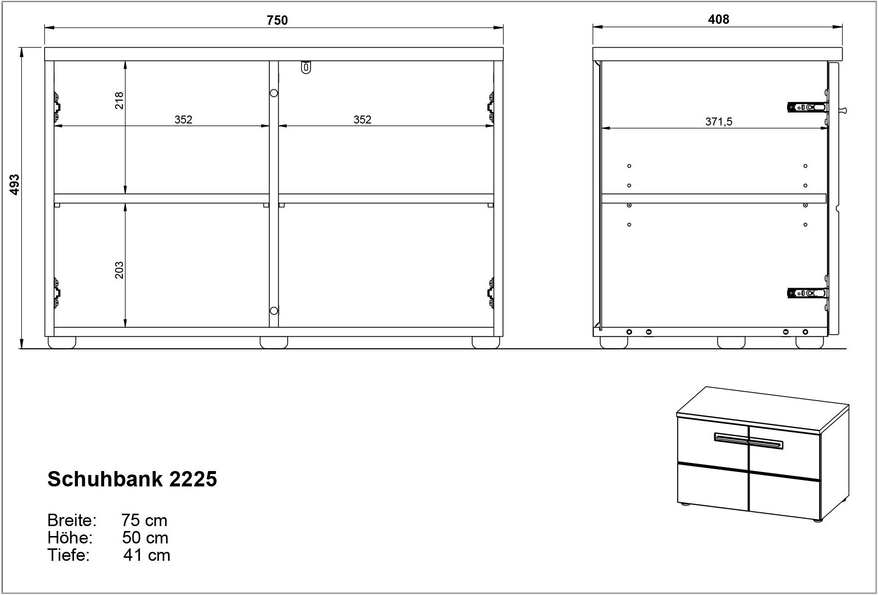 braun, Schuhbank 2 cm), weiss möbelando und 2 389 75x50x41 Türen (BxHxT: Einlegeböden mit in