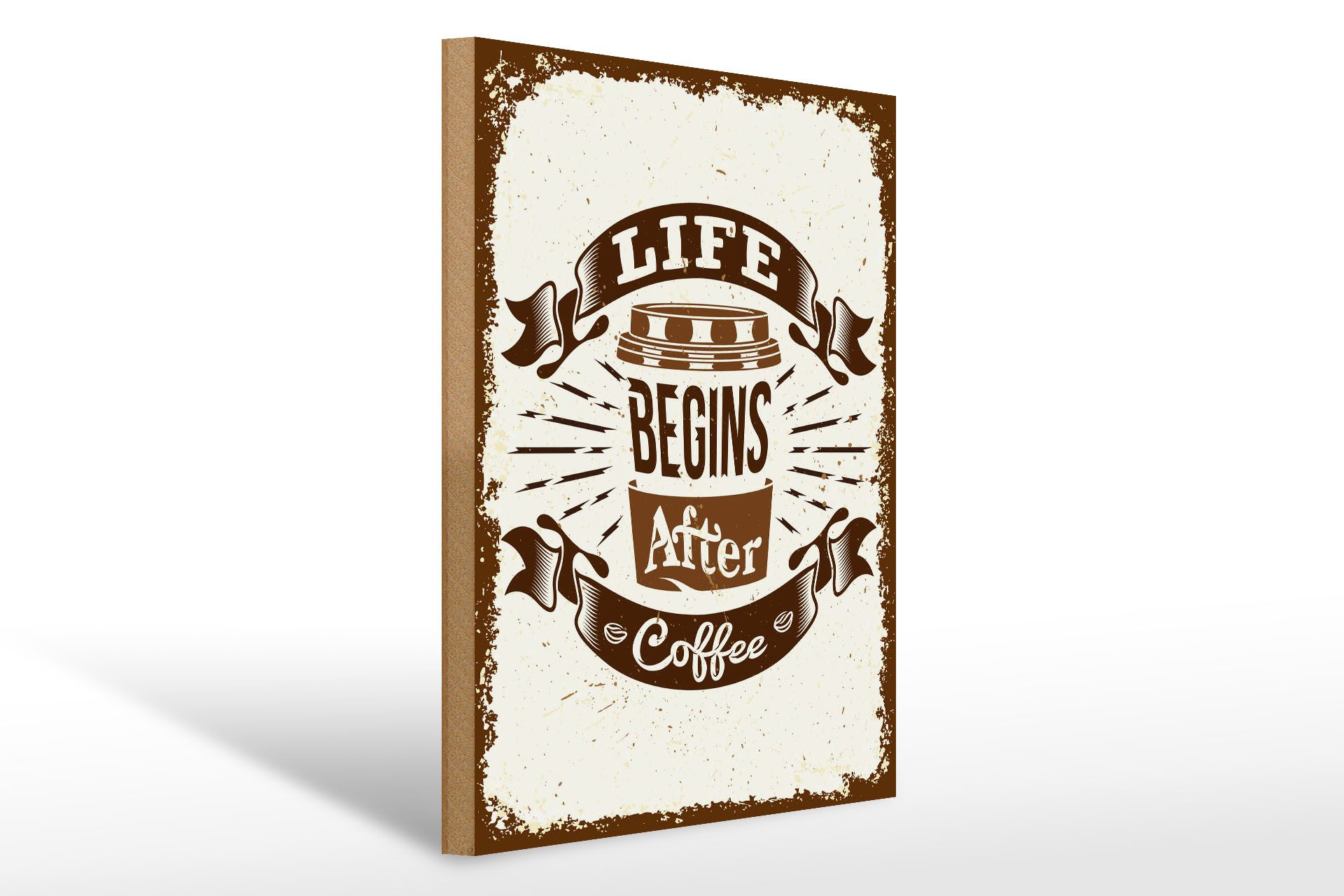 Holzbild Spruch Life begins after Coffee 30x40cm