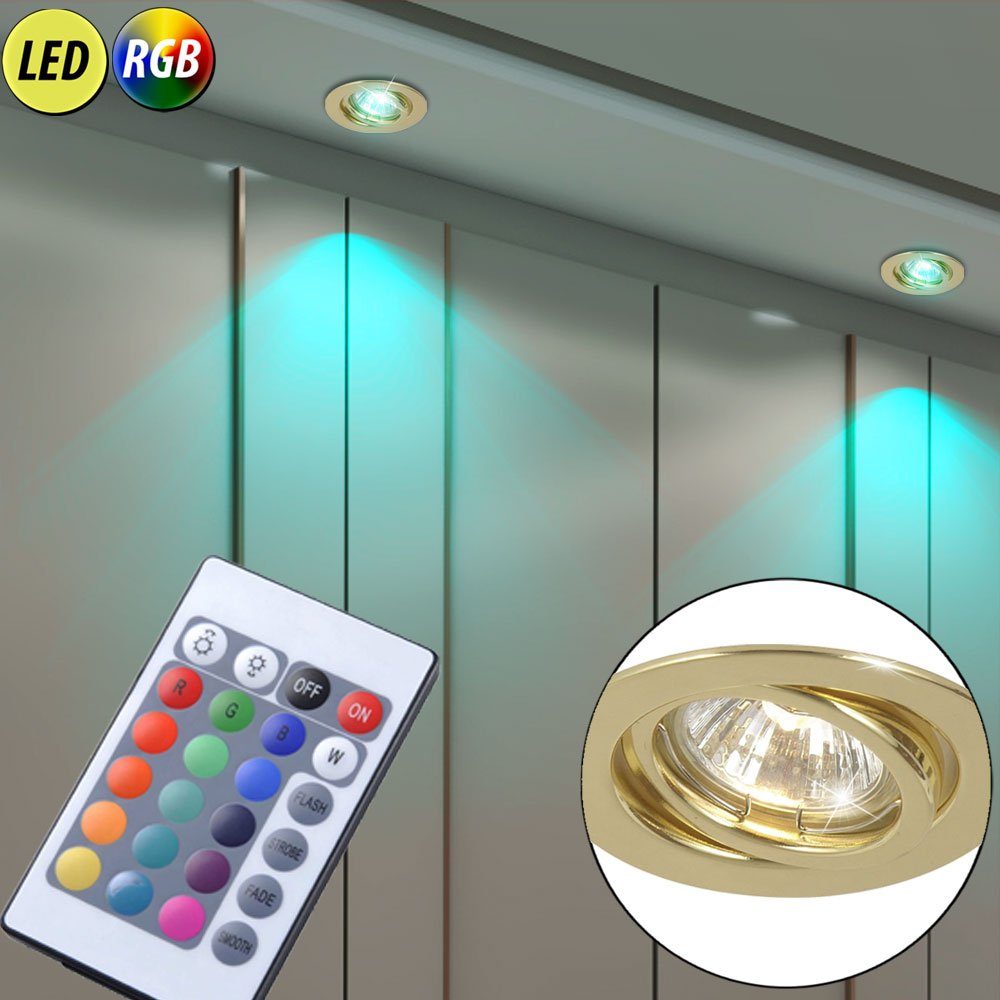 etc-shop LED Einbaustrahler, Leuchtmittel inklusive, Warmweiß, Farbwechsel,  2x Einbau Strahler Fernbedienung messing beweglich dimmbar im Set