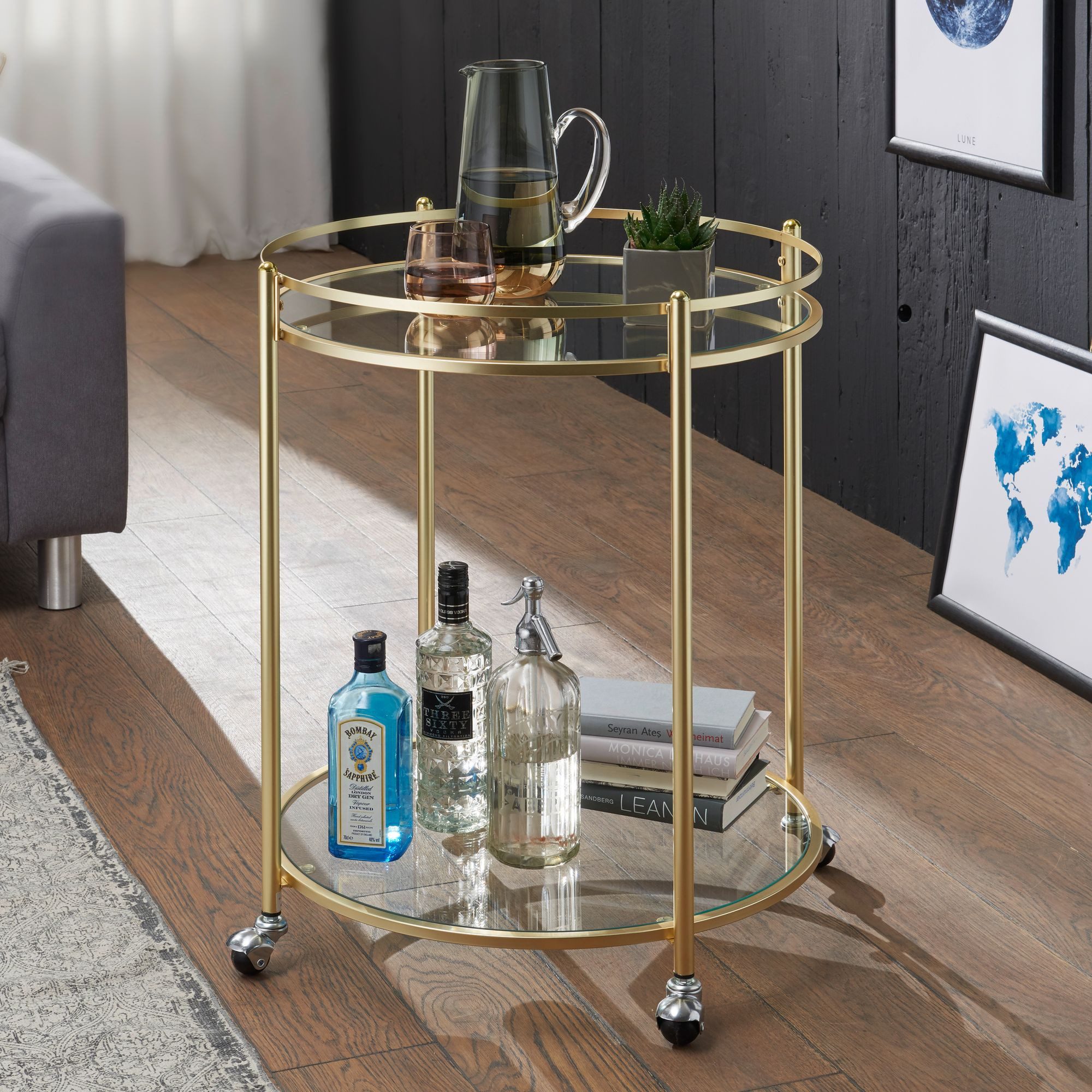 FINEBUY Servierwagen Gold Ø 57cm Beistelltisch Teewagen Rollen Küchenwagen günstig online kaufen