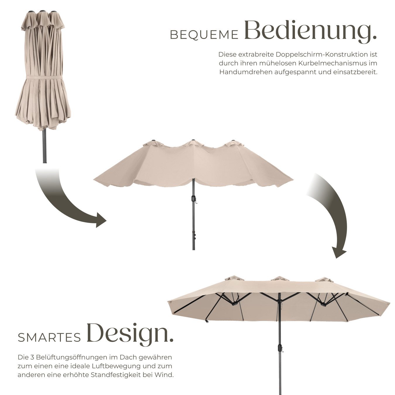 tectake Sonnenschirm Standschirm mit drei Winddächern, UV-Schutz 50+, 460 x 270 cm, Balkonschirm Silia, für Außen in Beige, stufenlos höhenverstellbar, Inkl. Windsicherung und Schutzhülle