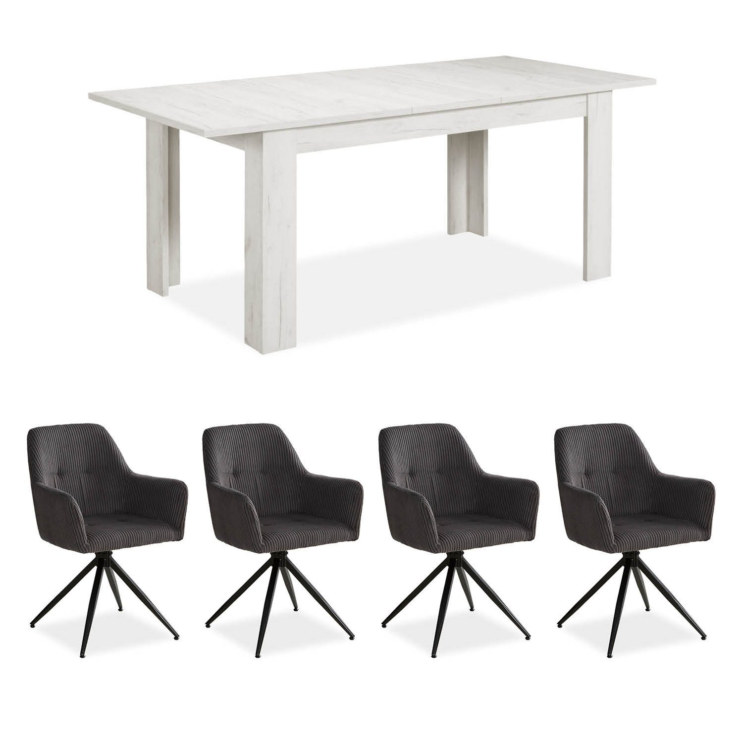 Homestyle4u Essgruppe Esstisch 90x160 mit 4 Stühle Grau Weiß Küchentisch Sitzgruppe Sessel, (5-tlg., Esszimmergruppe 5 teilig, Komplettset), Essstuhl