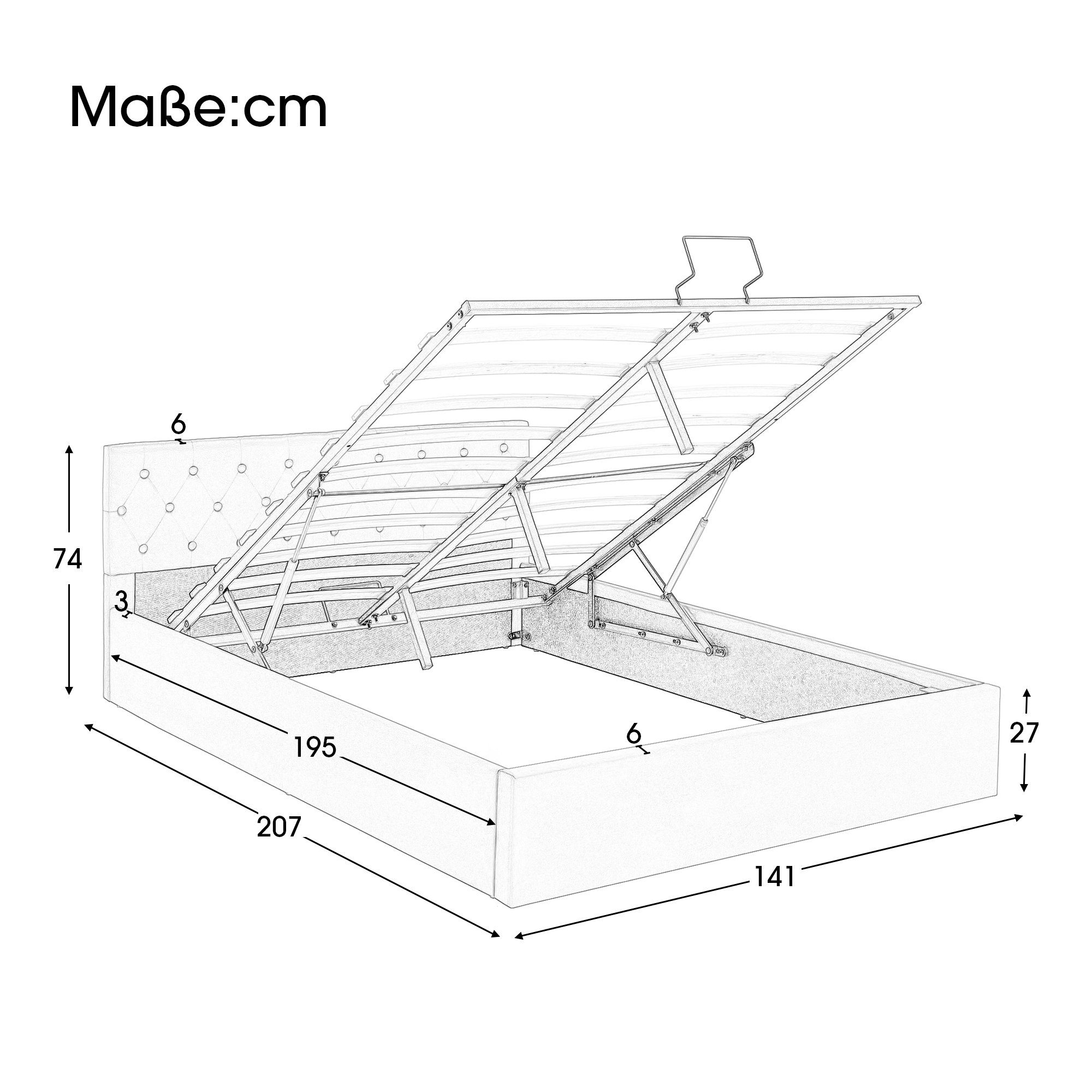 Boxspringbett (Polsterbett), Hydraulisches Doppelbett 140x200 cm mit Knopfheftung