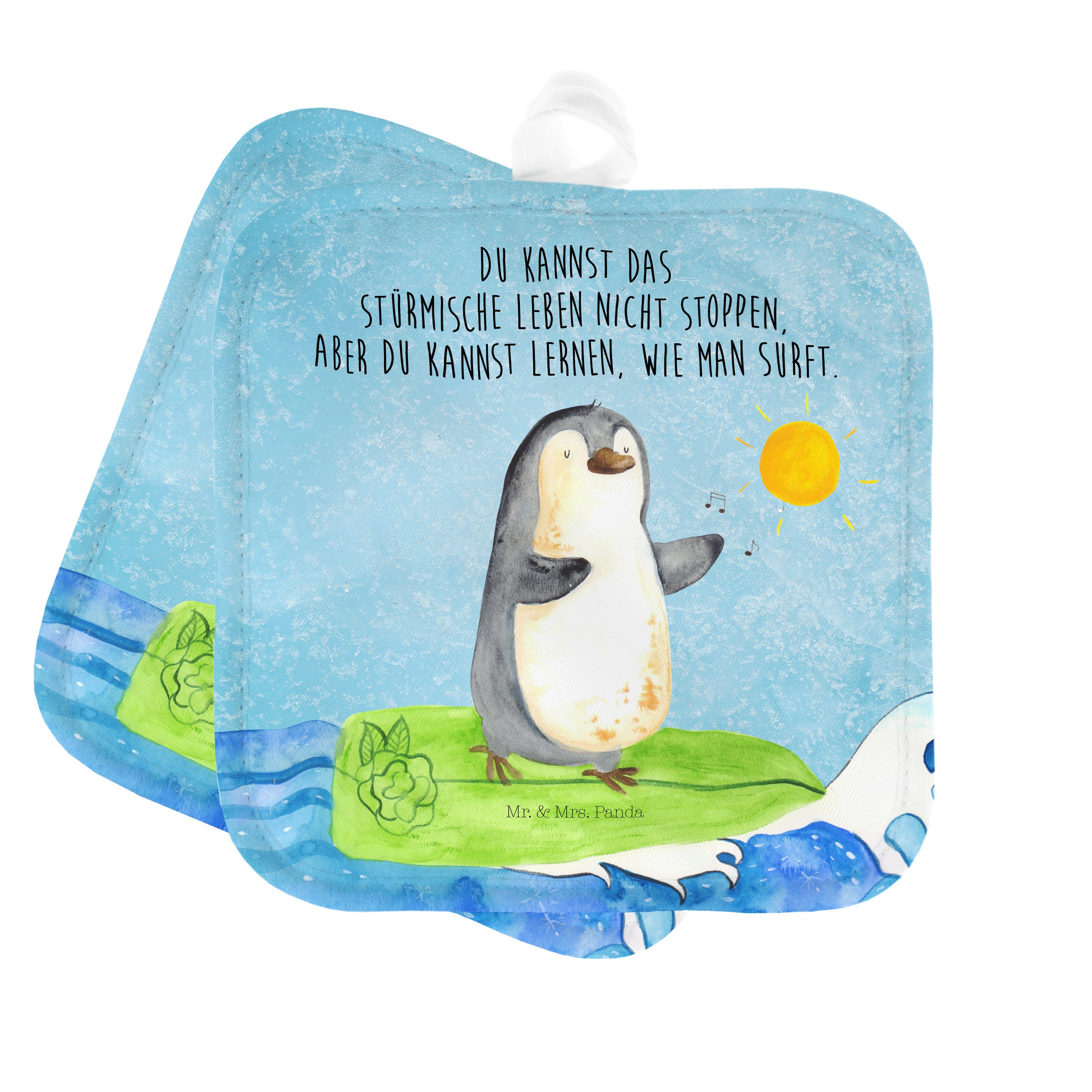Mr. & Mrs. Panda Topflappen Pinguin Surfer - Eisblau - Geschenk, Ofenhandschuh, Topflappen, Topfu, (1-tlg)