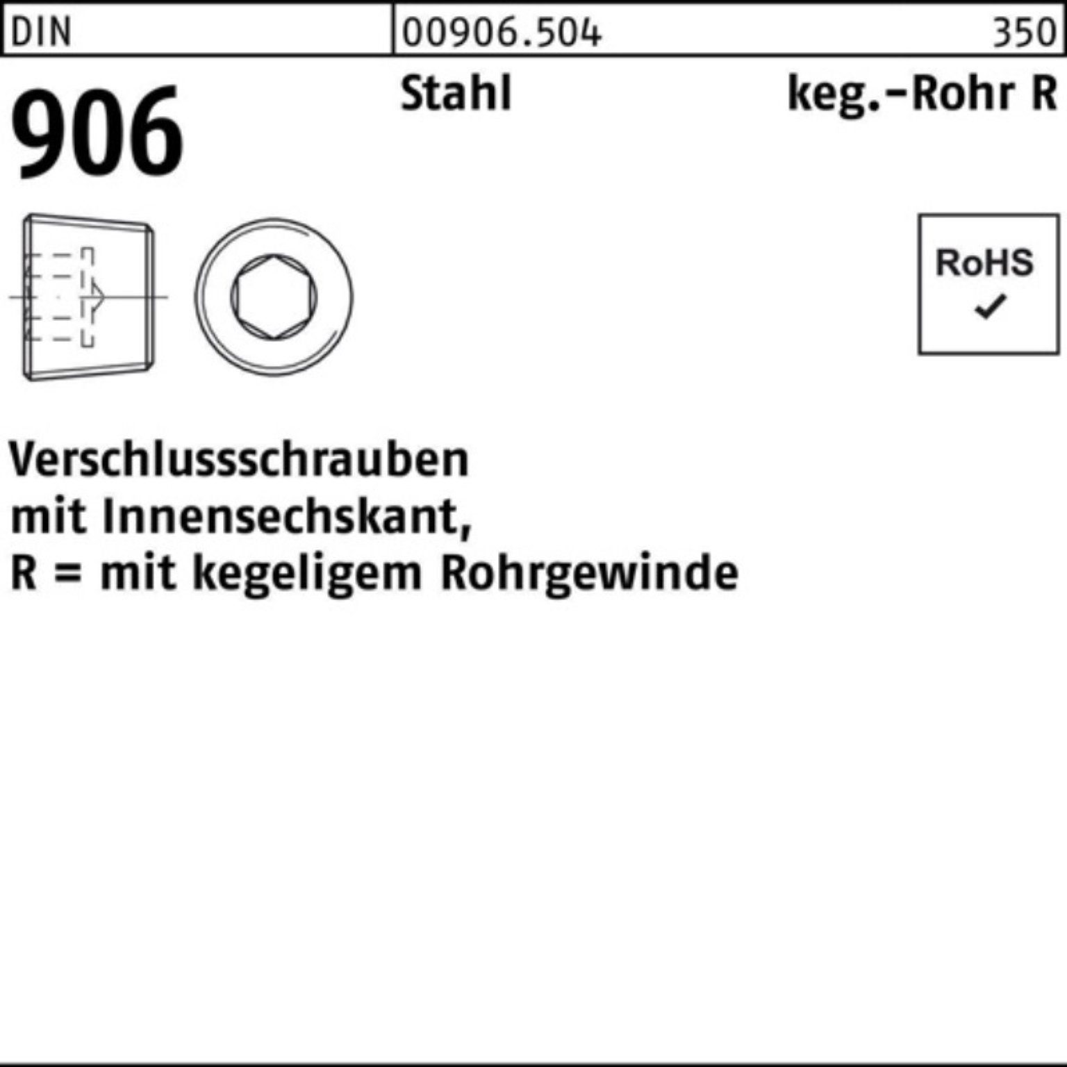 Reyher Schraube 100er Pack Verschlußschraube DIN 906 Innen-6kt R 1/2 Stahl 50 Stück