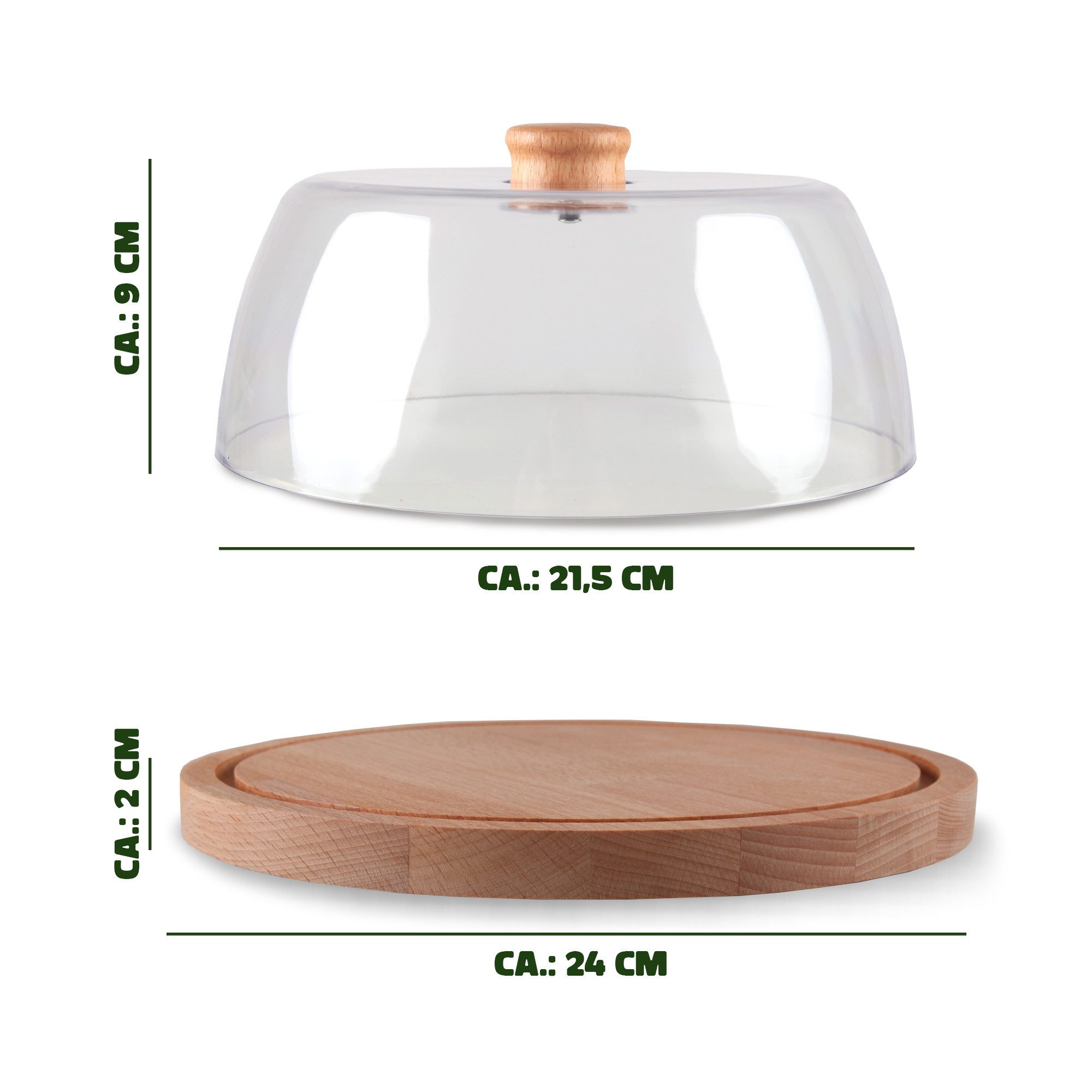 Bestlivings Kuchenplatte mit Abdeckung Ø24xH12 cm, Buchenholz, Käse- und Servierplatte, Haube (BPA-frei und lebensmittelecht)