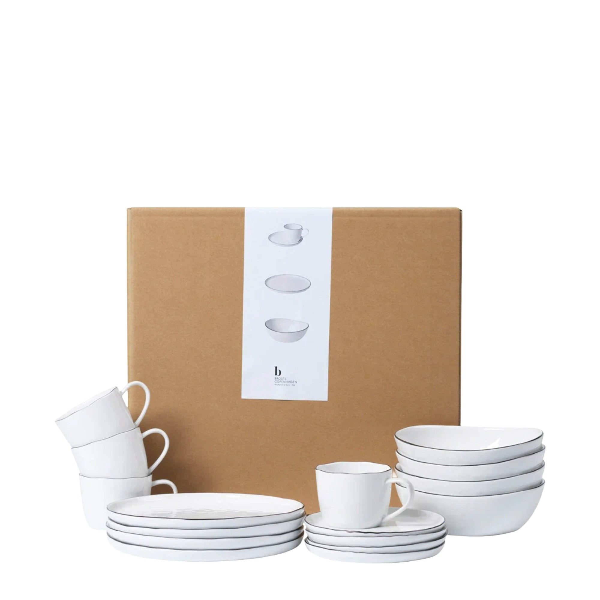 Broste Copenhagen Frühstücks-Geschirrset Broste Copenhagen Salt Frühstücksset für vier 16 tgl White w/Black Rim (16-tlg), Porzellan