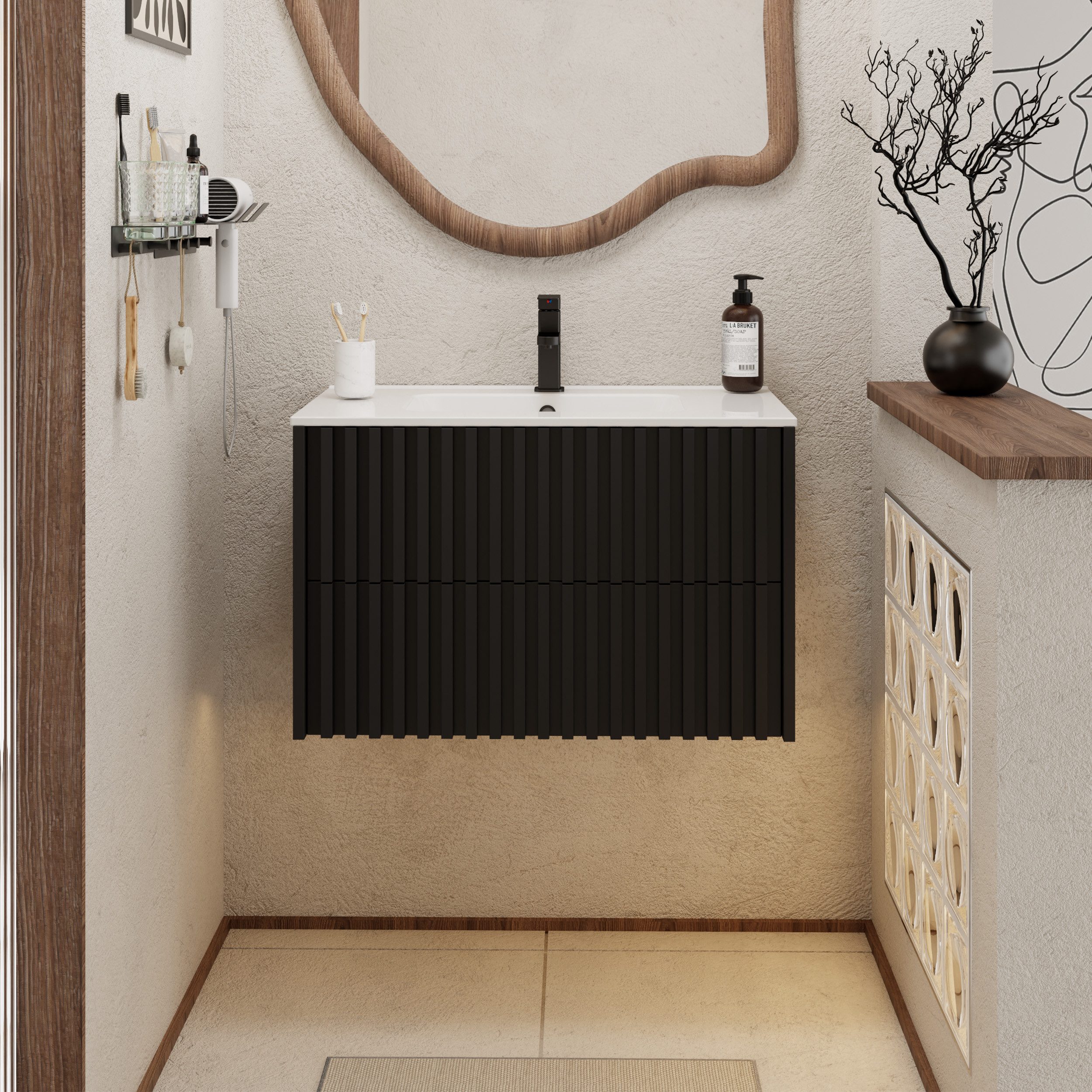 UEV Waschtisch Waschbecken mit Unterschrank set Badmöbel Gäste-WC (mit Wasserhahn und Pop-up-Ablassventil, Soft-close Schubladen,Waschbeckenunterschrank mit 2 S – Bild 2 von 5