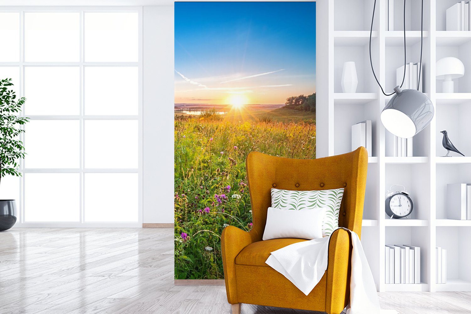 Blumen, St), Fototapete Sonne MuchoWow bedruckt, - Schlafzimmer (2 für Wohnzimmer Matt, Küche, Vliestapete Fototapete - Gras