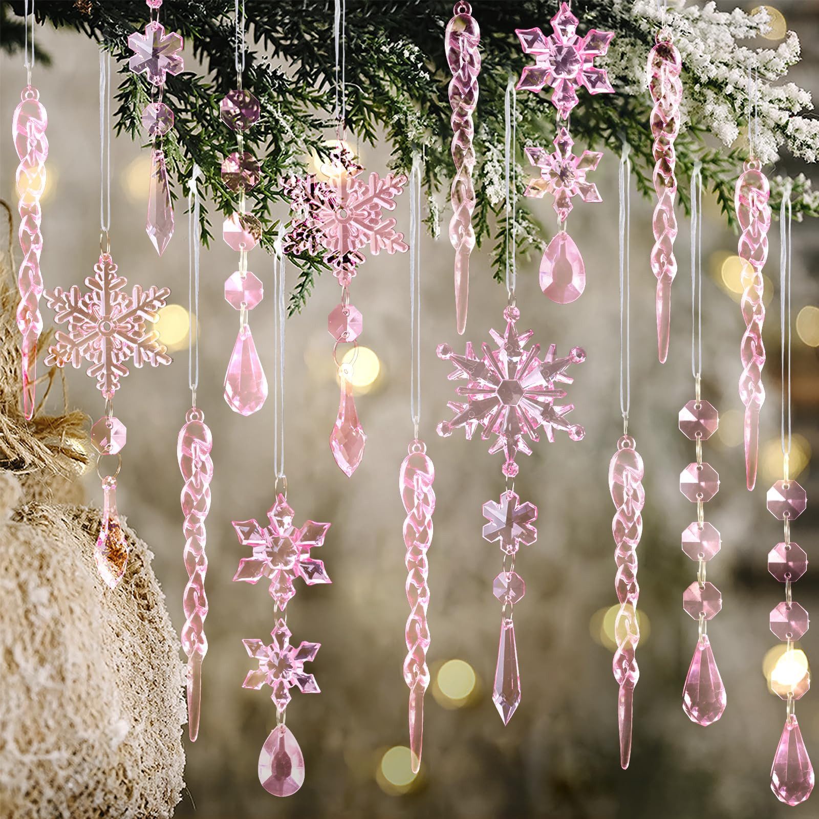 Bomiclss Christbaumschmuck Acryl Schneeflocken Eiszapfen Tropfen Hängedekoration (18-tlg), Ornamente für Weihnachtsbaum Winterfest und Party Deko