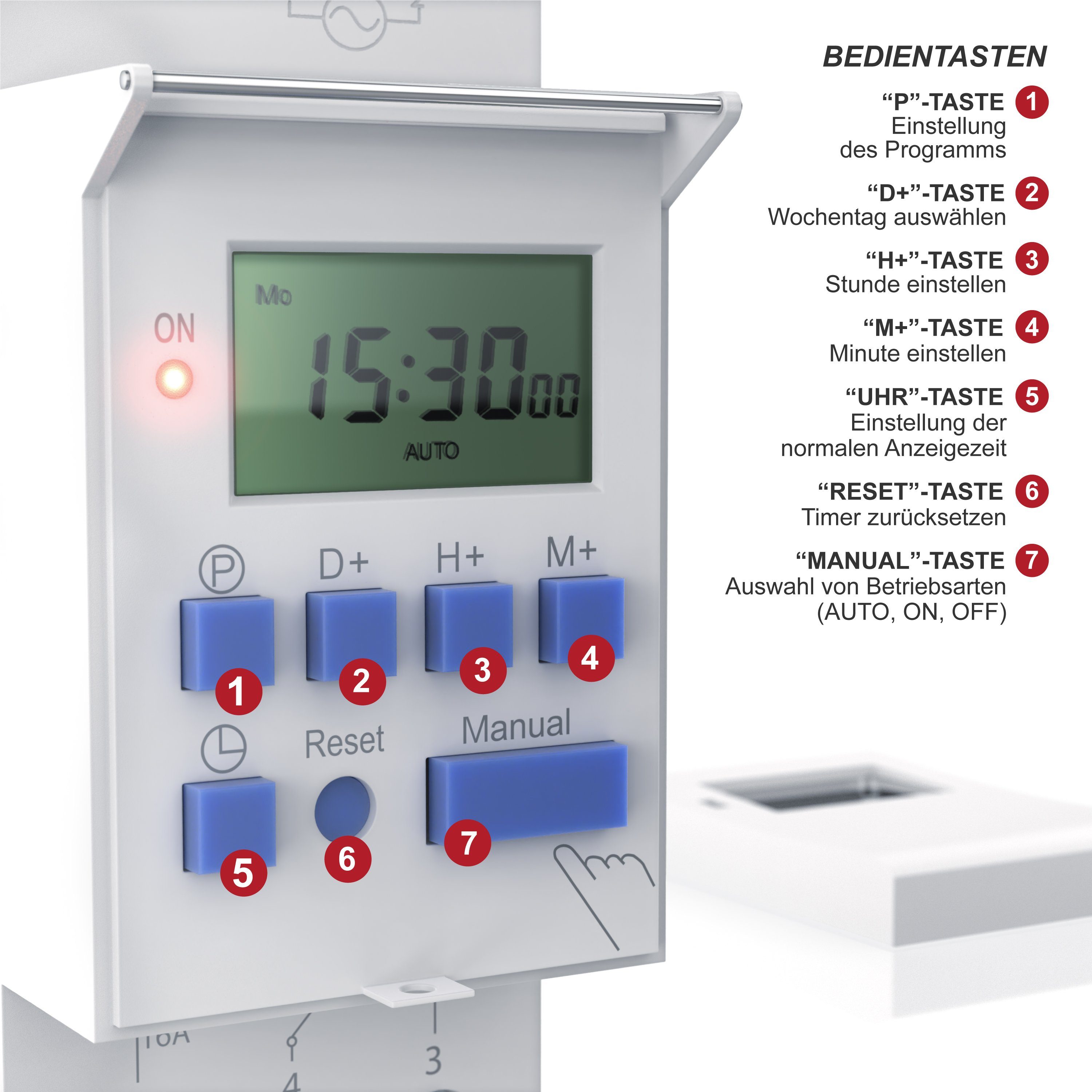 BEARWARE Zeitschaltuhr, digital für DIN Hutschienen im Verteilerschrank Schalttafeln 16A/3650W