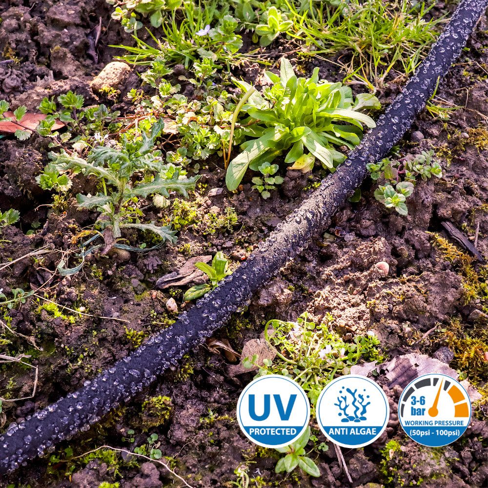GRÜNTEK Multi-Area Sprinkler Drip Hose Set, 15.24 m / 50 ft, Quick and 1/2 Inch US Connector (Hose with Quick Connector or optional 1/2 Inch US Threaded Connector), UV and Algae Protection, up to 70% Water Saving Soaker