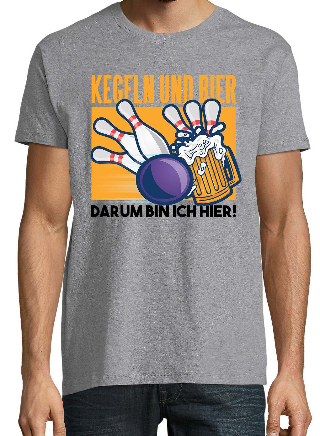 T-Shirt Darum Frontprint Hier" Ich T-Shirt Herren Bier, Bin "Kegeln Youth Grau lustigem mit Und Designz