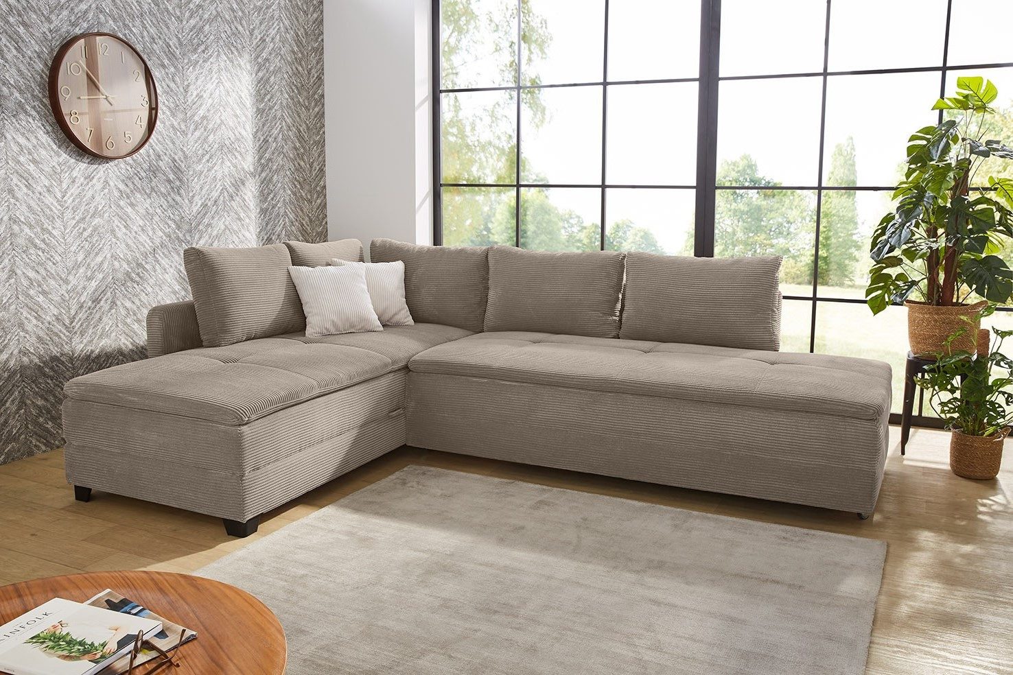 luma-home Ecksofa 15162, Dauerschläfer-Doppelbett B306/T223/H95 cm, Schwenkteil L/R, Bettkasten, Nachtkonsole, Boxspring, Federkern, Wellenunterfederung, Topper, Cord Braun Taupe