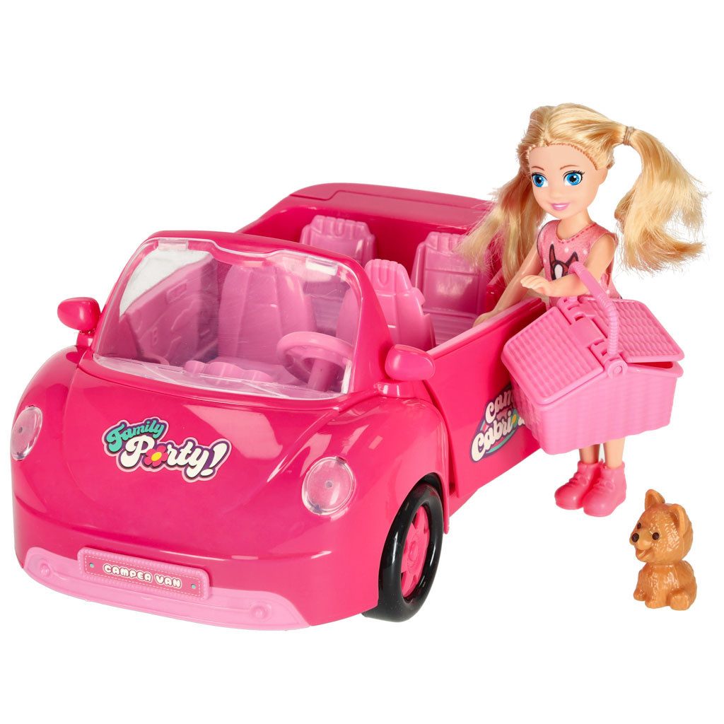Ikonka Puppenwagen Puppenauto Cabriolet Picknickset, (Spar-Set, 1-tlg), Türen & Kofferraum zum Öffnen, Puppe, Hund, Korb