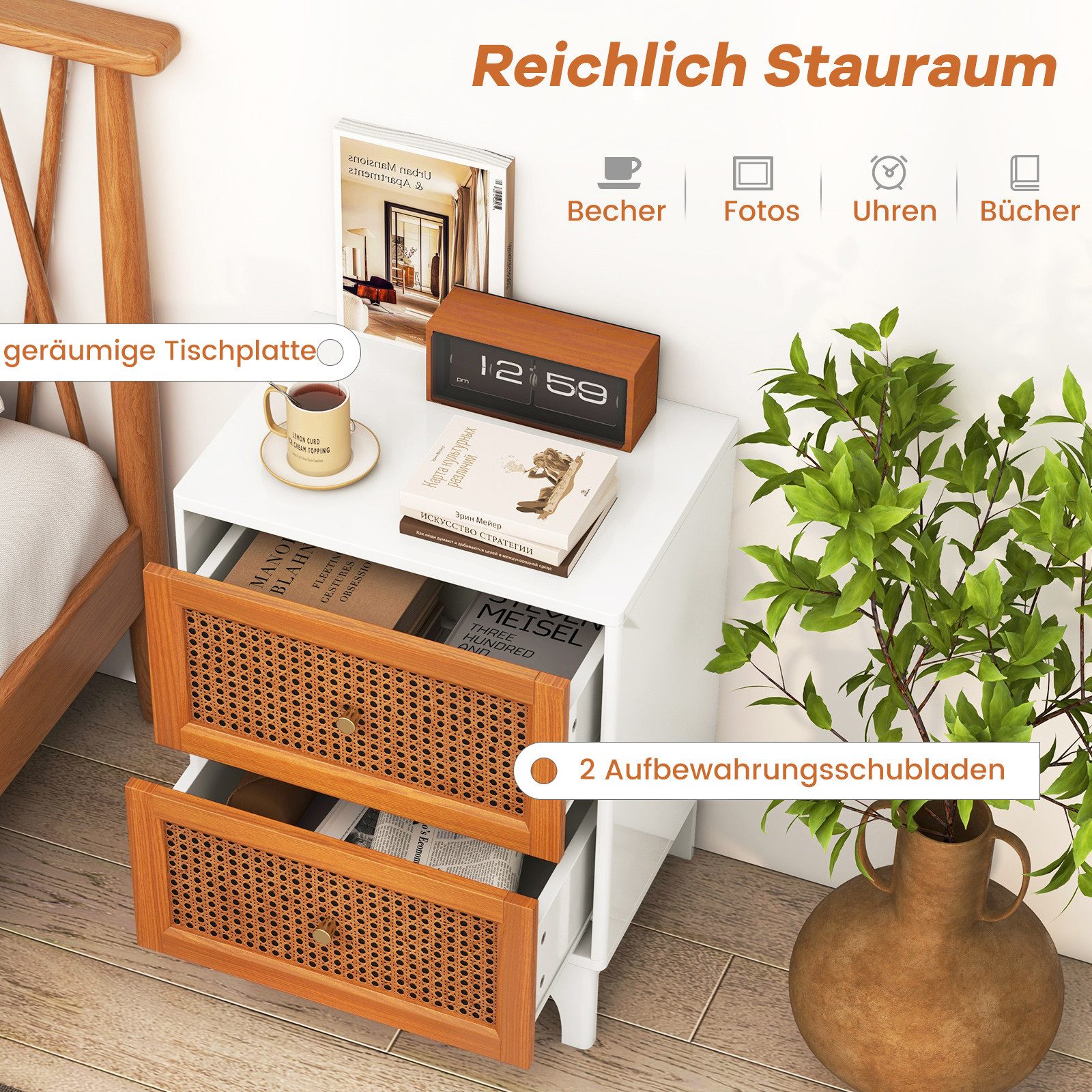 COSTWAY Nachttisch (1-St), Rattan Nachtschrank, mit 2 Schubladen, 46 x 33 x 59,5 cm