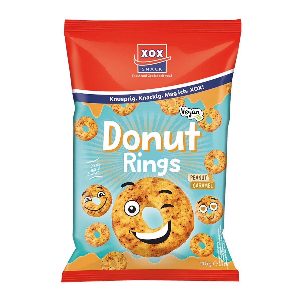 XOX Knabberei, XOX Donut Rings Mais Erdnuss Snack Salz und Karamellgeschmack 110g