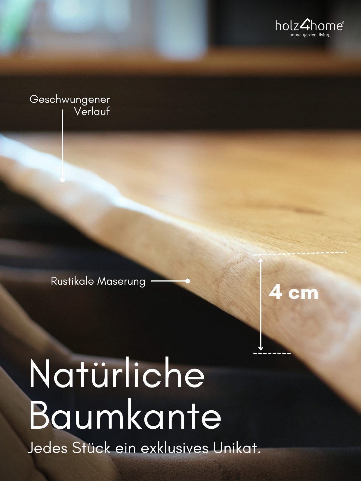 holz4home® Esstischplatte Massivholz Eiche mit Baumkante I Massivholzplatte Natur Geölt Echtholz, Vollflächig 4cm dickes Massivholz
