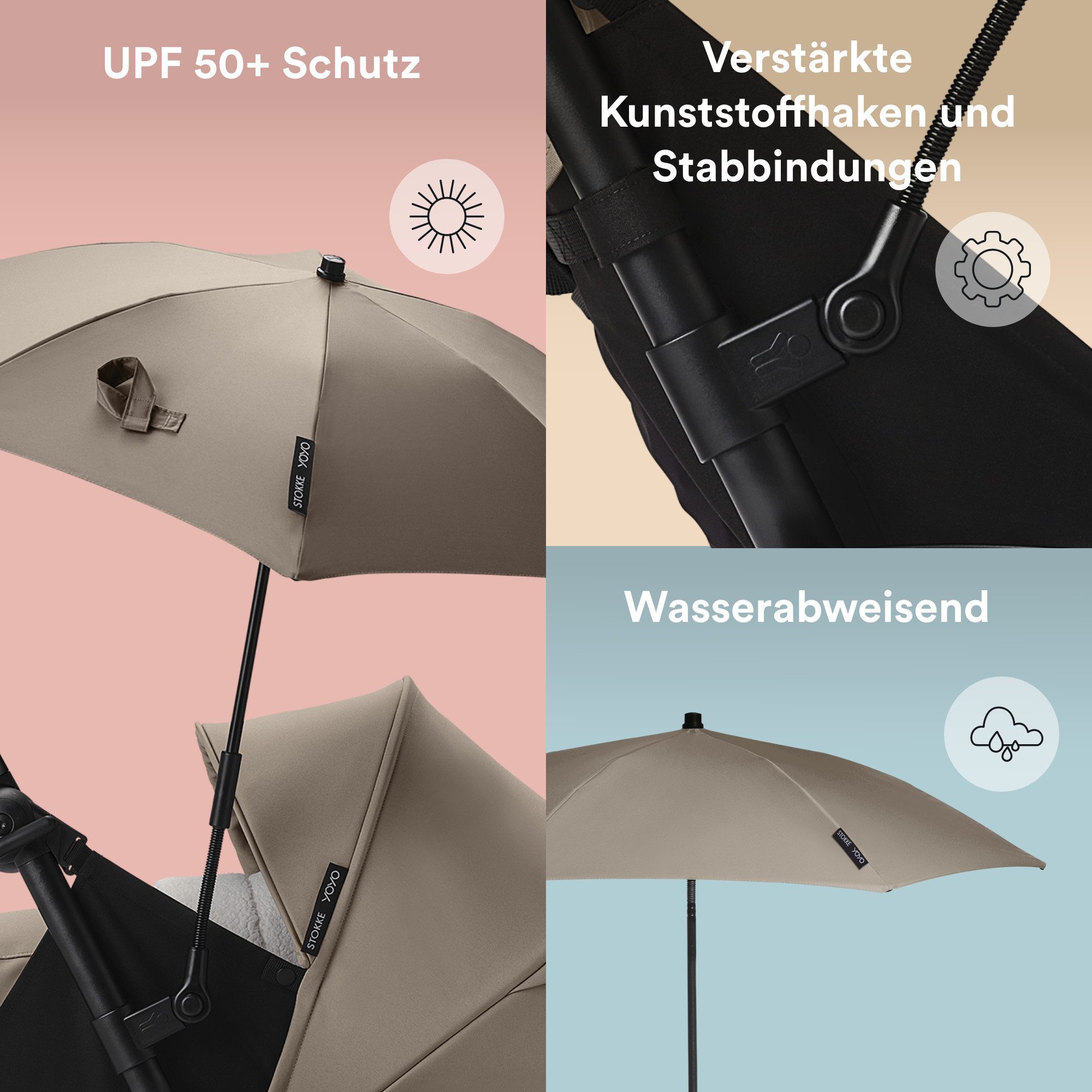 Stokke Kinderwagenschirm YOYO Sonnenschirm - UPF 50+ Schutz, verbesserte Deckkraft, YOYO Kinderwagen mit 0+ Neugeborenen Set, Liegewanne oder 6+ Textilset