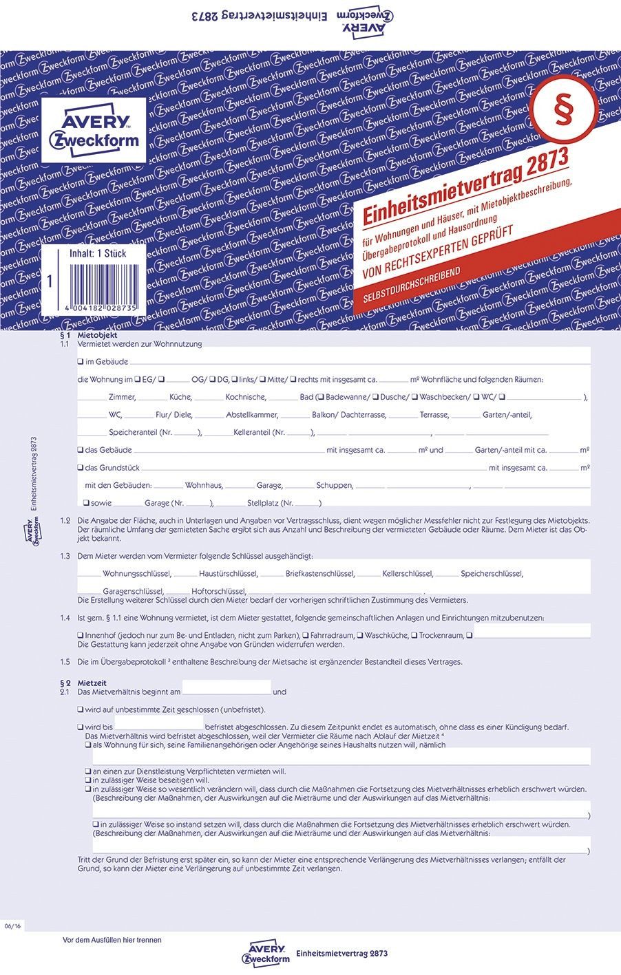 Avery Zweckform Formularblock 2873 2873 Einheitsmietvertrag - Wohnungen und Häuser DIN A4 mit Überga