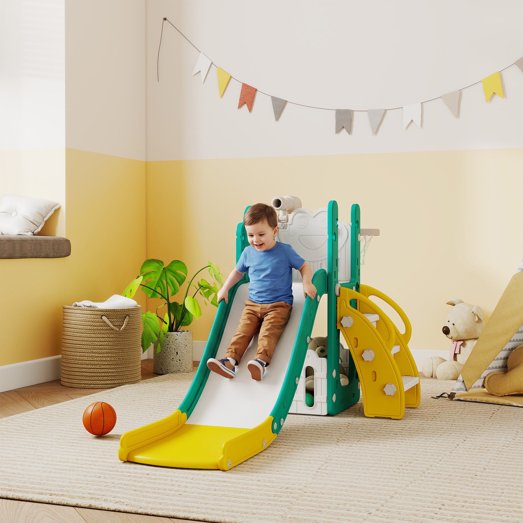 AIYAPLAY Rutsche Klettergerüst 5 in 1 Babyrutsche mit Basketballkorb, Tunnel, (Babyrutsche, 1-tlg., Spielplatz), für Kleinkinder 1-3 Jahre, Gelb – Bild 2 von 5