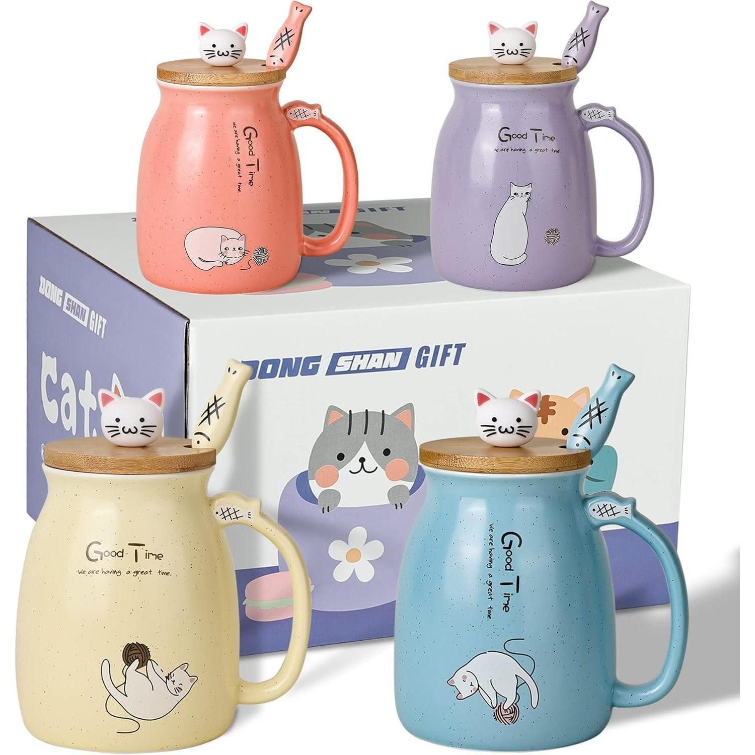 LuxusKollektion Tasse 4er Set süße Katzenbecher mit Deckel, Keramik-Tassen für, Keramik