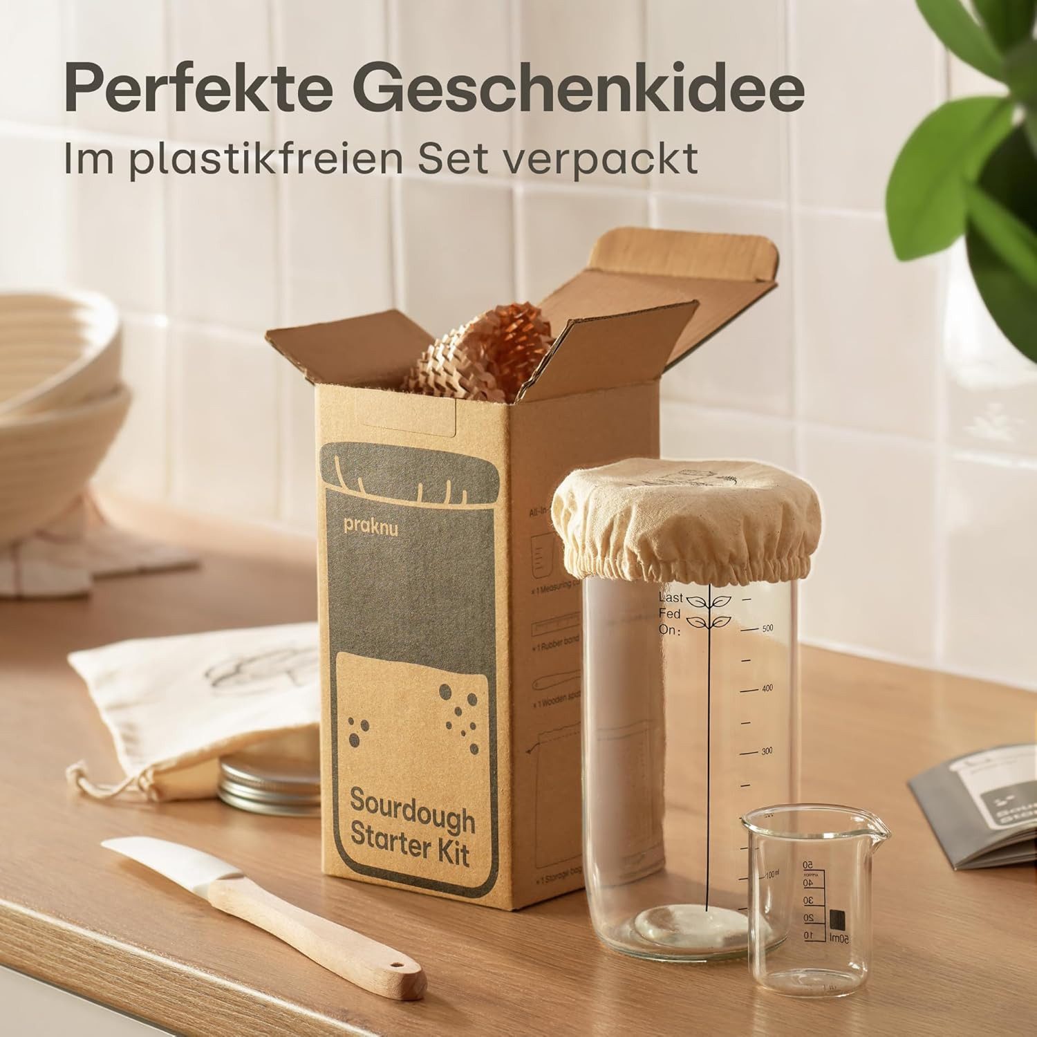 Praknu Fermentationsglas Sauerteig Starter Set aus Glas (700 ml) Komplett-Set mit Anleitung, Glas, Silikon, Baumwolle, Metall, (Starter Set, Komplett-Set für Sauerteigkultur), Plastikfrei, spülmaschinengeeignet, für Anfänger