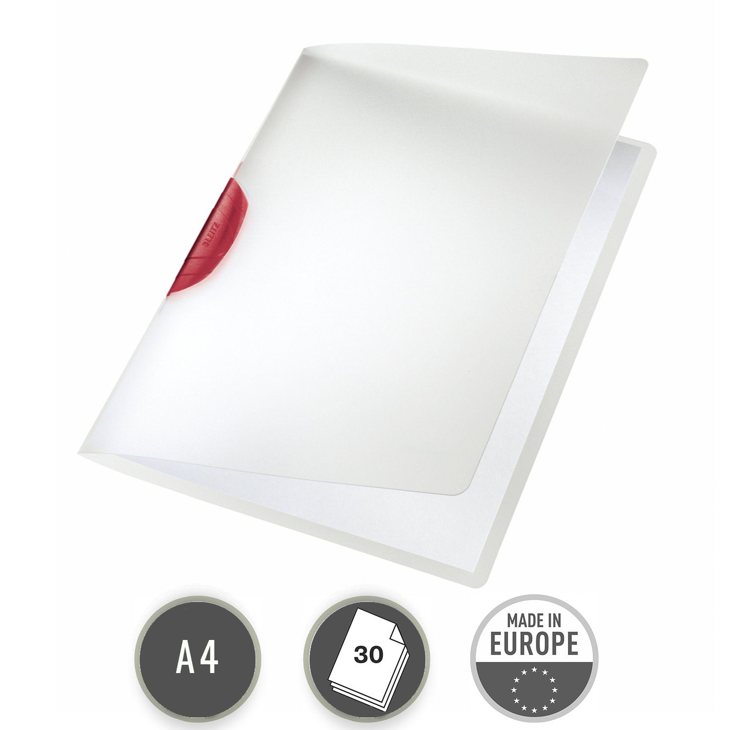 LEITZ Schulheft ColorClip Hefter, bis zu 30 Blatt (80 g/m), Clip mit hoher Klemmkraft f rot