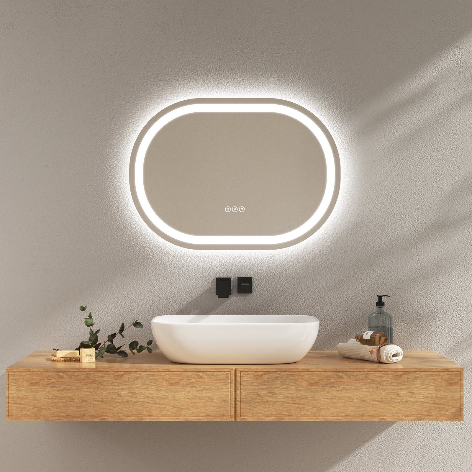 EMKE Badspiegel EMKE Spiegel Oval Badspiegel mit Beleuchtung  Badezimmerspiegel, mit Touchschalter, 3 Lichtfarben dimmbar, Beschlagfrei