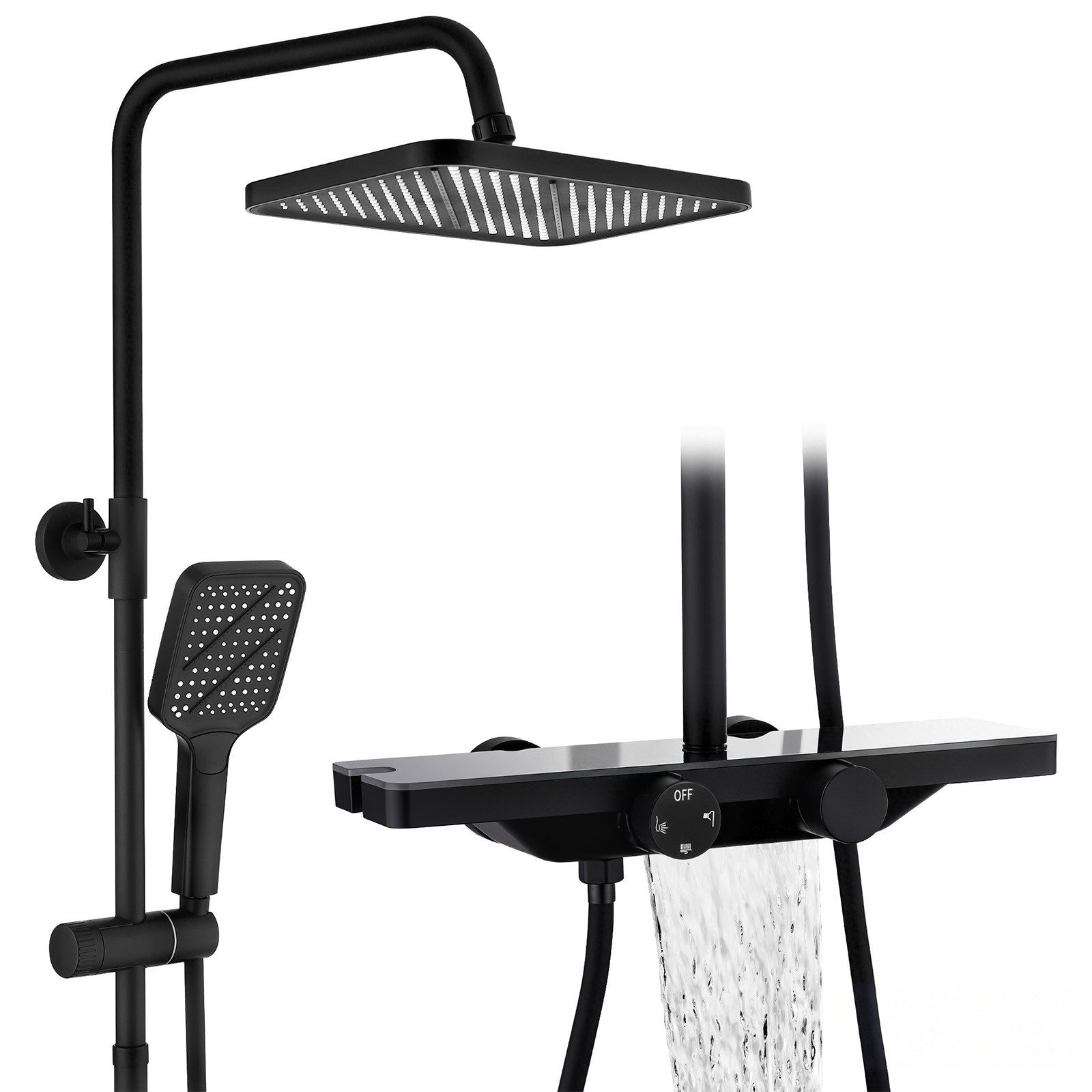 HOMELODY Duschsystem mit Thermostat und Glasablage in Chrom,Brausegarnitur, 3 Strahlart(en), 12 Zoll Regendusche, 3-Funktions-Handbrause,Schwarz