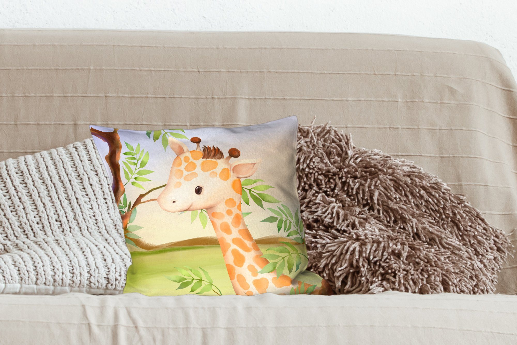 MuchoWow Dekokissen Dschungel Deko, Zierkissen Giraffe mit Sofakissen Füllung - Schlafzimmer, für - Wohzimmer, Blätter