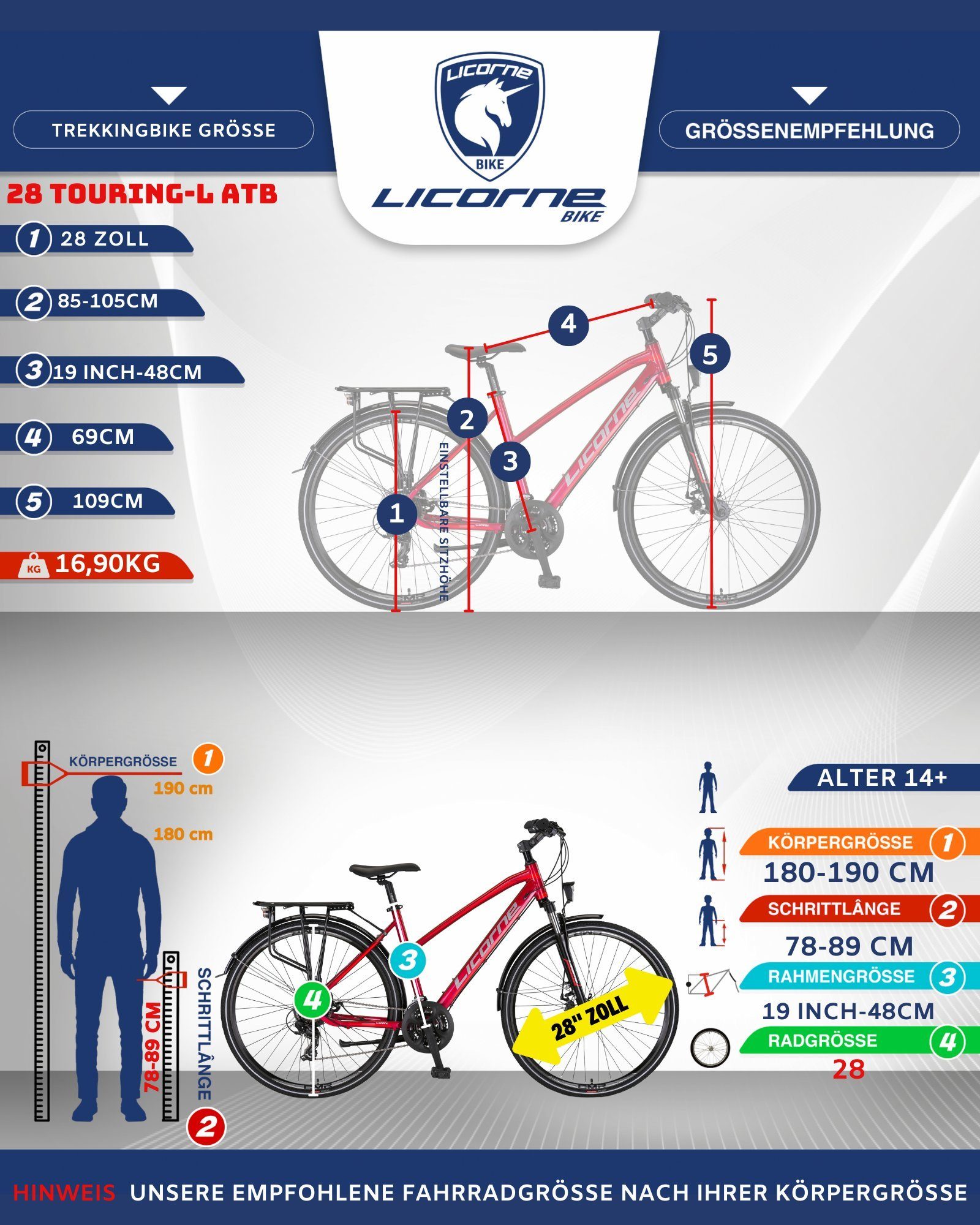Trekking Licorne Zoll, Bike Licorne Touring Bike Premium Bike 28 Gang Trekkingrad Dunkelrot 21 in