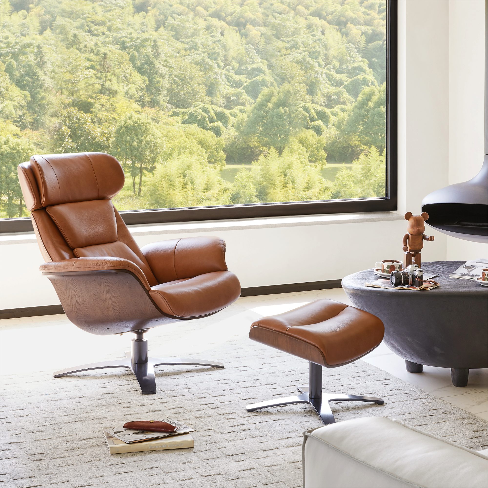 CHITA Relaxsessel (1 St), Einzelsessel, Relaxsessel mit Fußhocker, Echtleder, 360° drehbar