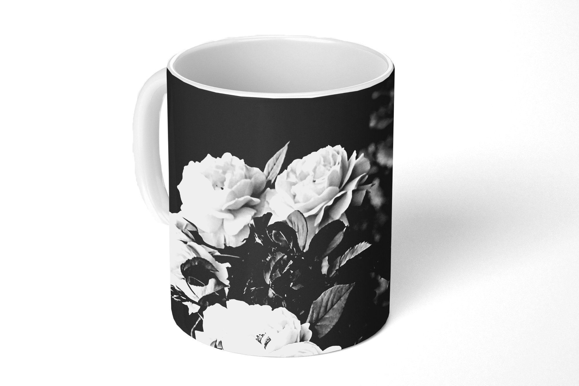 MuchoWow Tasse Blumen - Schwarz und Weiß - Natur - Pflanzen - Rosen, Keramik, Kaffeetassen, Teetasse, Becher, Teetasse, Geschenk