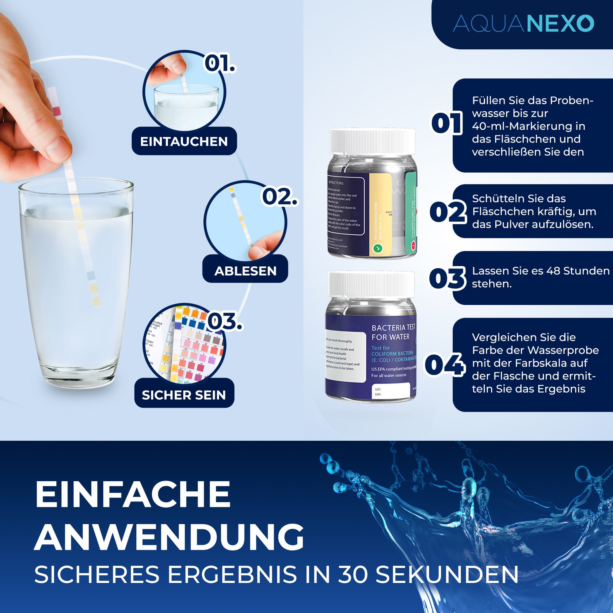 AquaNexo Trinkwassertest Teststreifen 16-in-1 125x + 2 Bakterientests inkl. Pipette/Reagenzglas – Bild 4 von 5