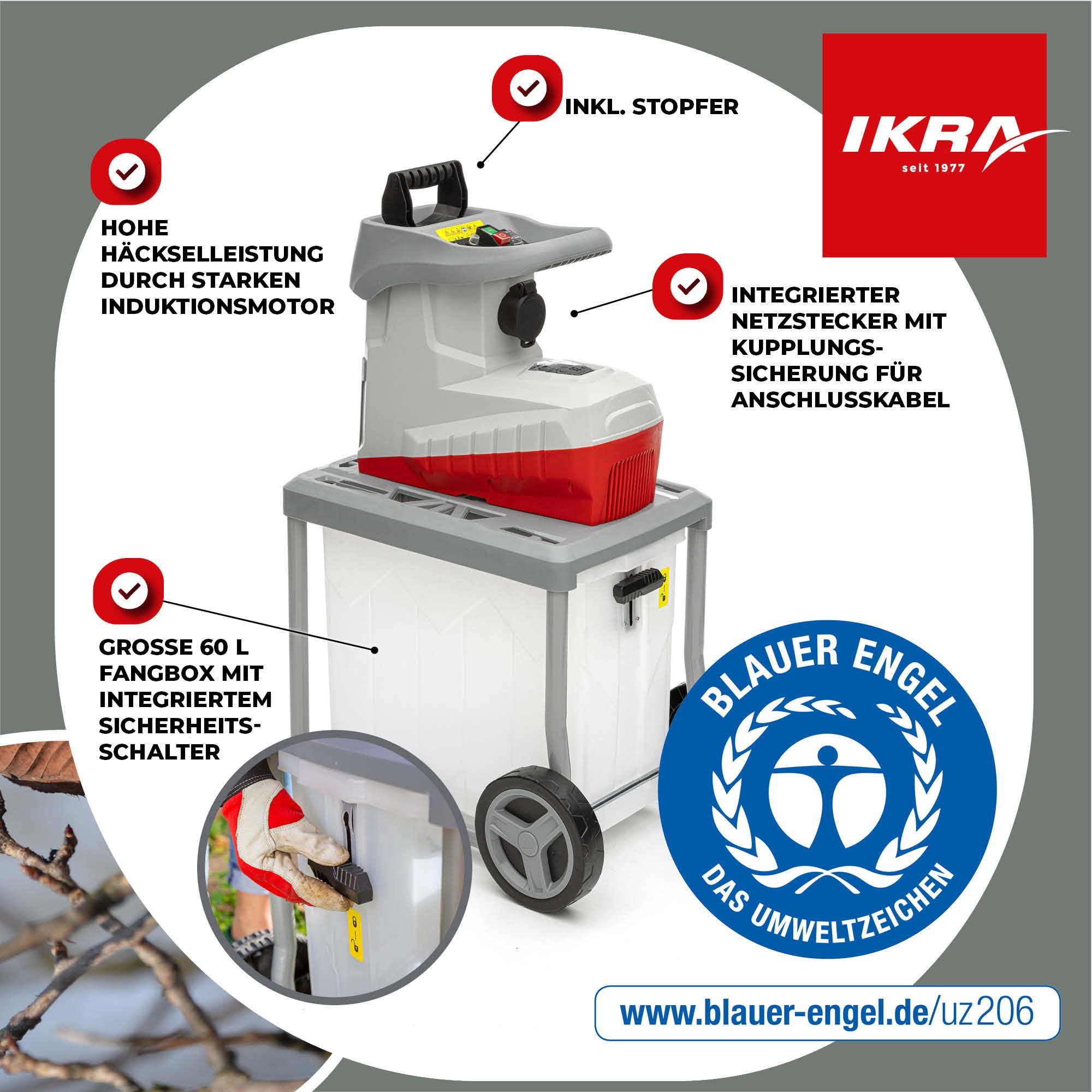 ikra GmbH Häcksler ILWH 3000, 4,5 cm max. Astdurchmesser, 3000 Watt, Walzentechnik, Siegel Blauer Engel