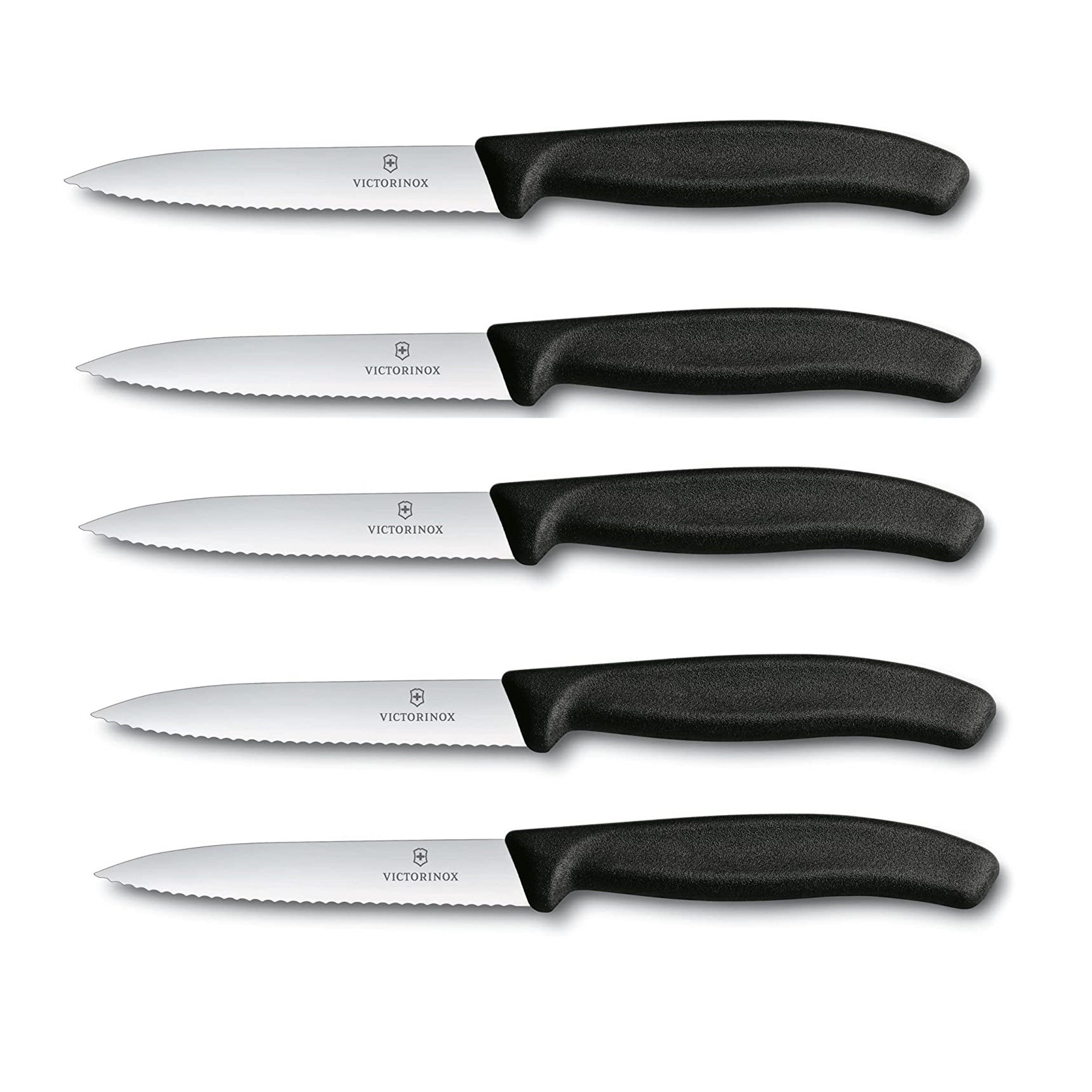 Victorinox Gemüsemesser Swiss Classic Gemüsemesser Set 10 cm Wellenschliff 5-teilig, Komfortable Handhabung, scharfe Klingen, Farbe: Schwarz