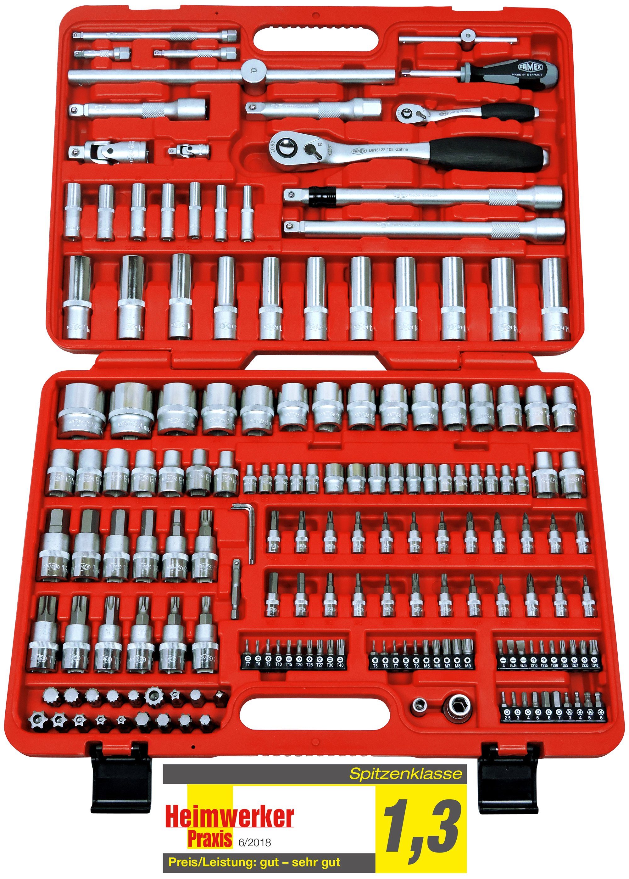 FAMEX Werkzeugset 414-18 Profi Werkzeugkoffer mit Werkzeug Set - PROFESSIONAL, (Werkzeugkasten, abschließbar, Werkzeugkiste, Werkzeuge aus CV-Stahl), mit Premium 174-tlg. Steckschlüsselsatz