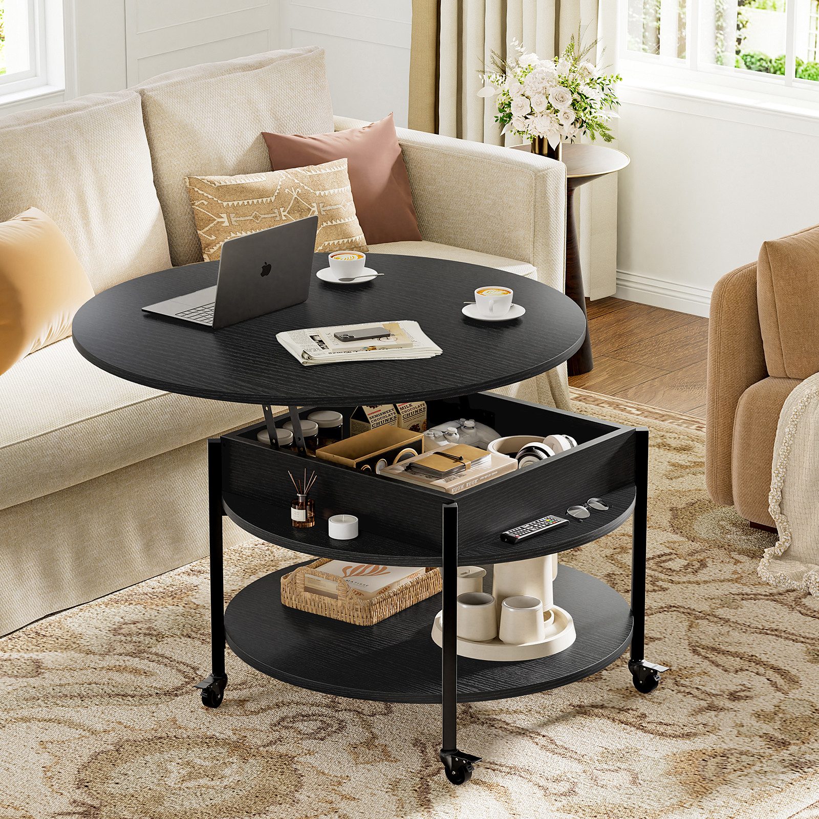 FABATO Couchtisch Runder Couchtisch mit Höhenverstellung, Rädern und Staufach (1-St), ideal für Wohnzimmer, in Schwarz