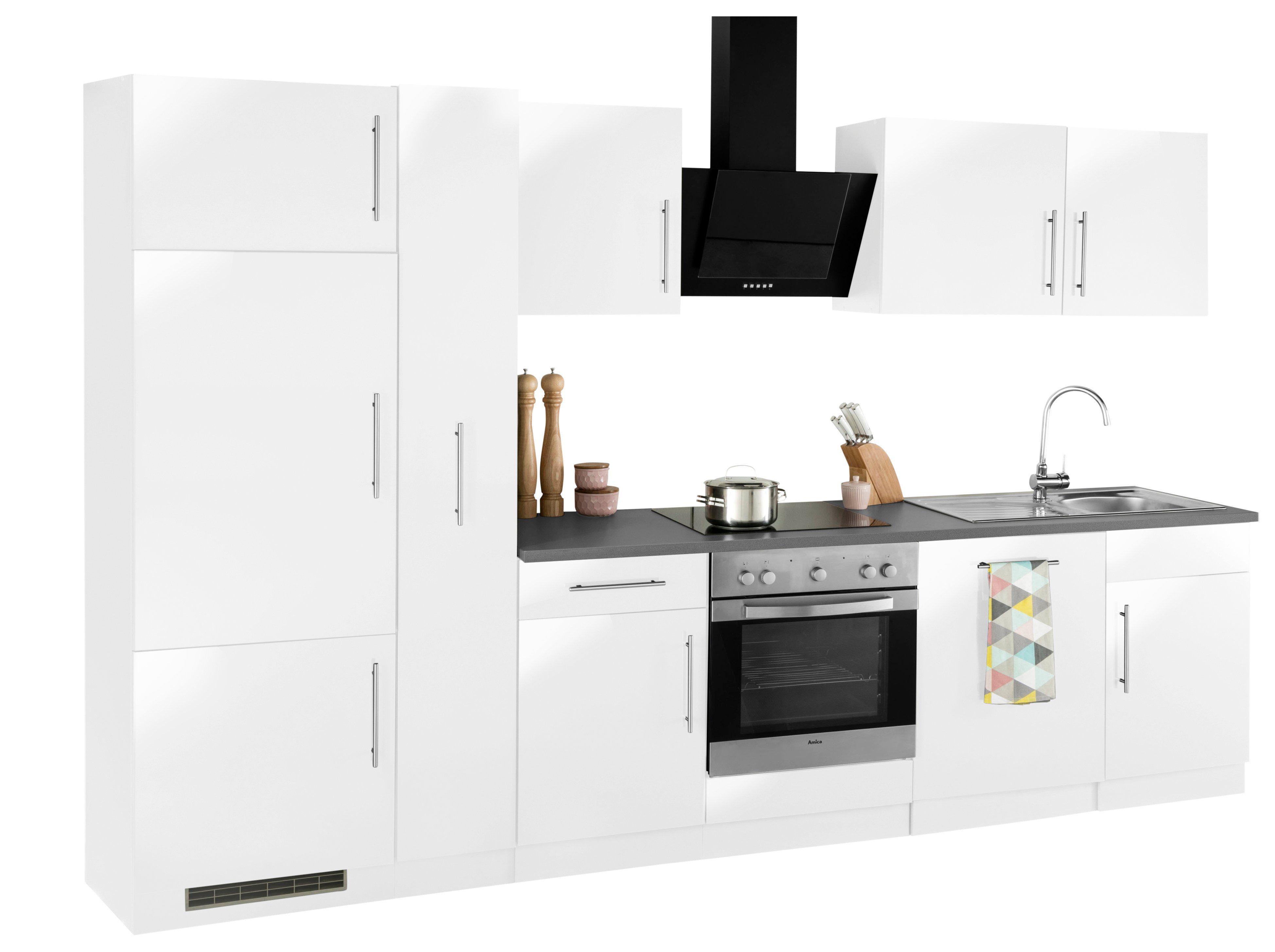 wiho Küchen Küchenzeile Cali, mit E-Geräten, Breite 310 cm Front: Weiß Glanz, Korpus: Weiß, Arbeitsplatte: Granit Grau | weiß matt