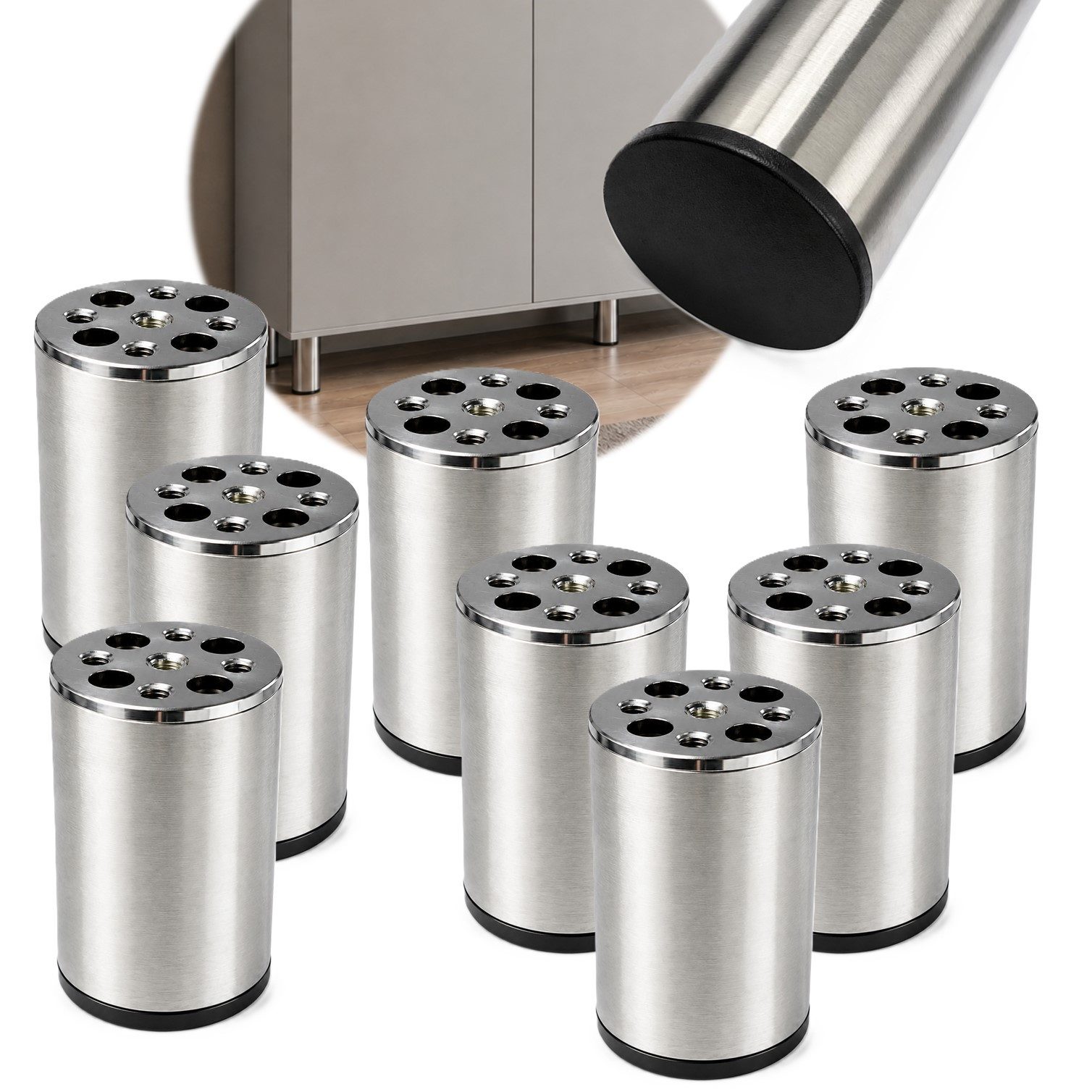 HOOZ Möbelfuß Edelstahl 80mm 8er Set gebürstet Ø50mm mit Kunststoffgleiter, (Set, 8-St., 8er-Set Möbelbeine), 3 mm Montageplatte mit M8-Gewinde und Kunststoffgleiter