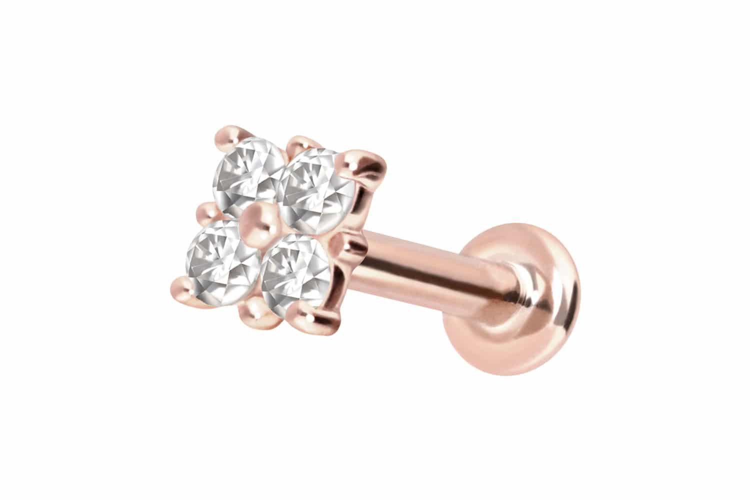 Piercing-Set 14 Karat Gold Labret mit Innengewinde MOISSANIT-QUADRAT
