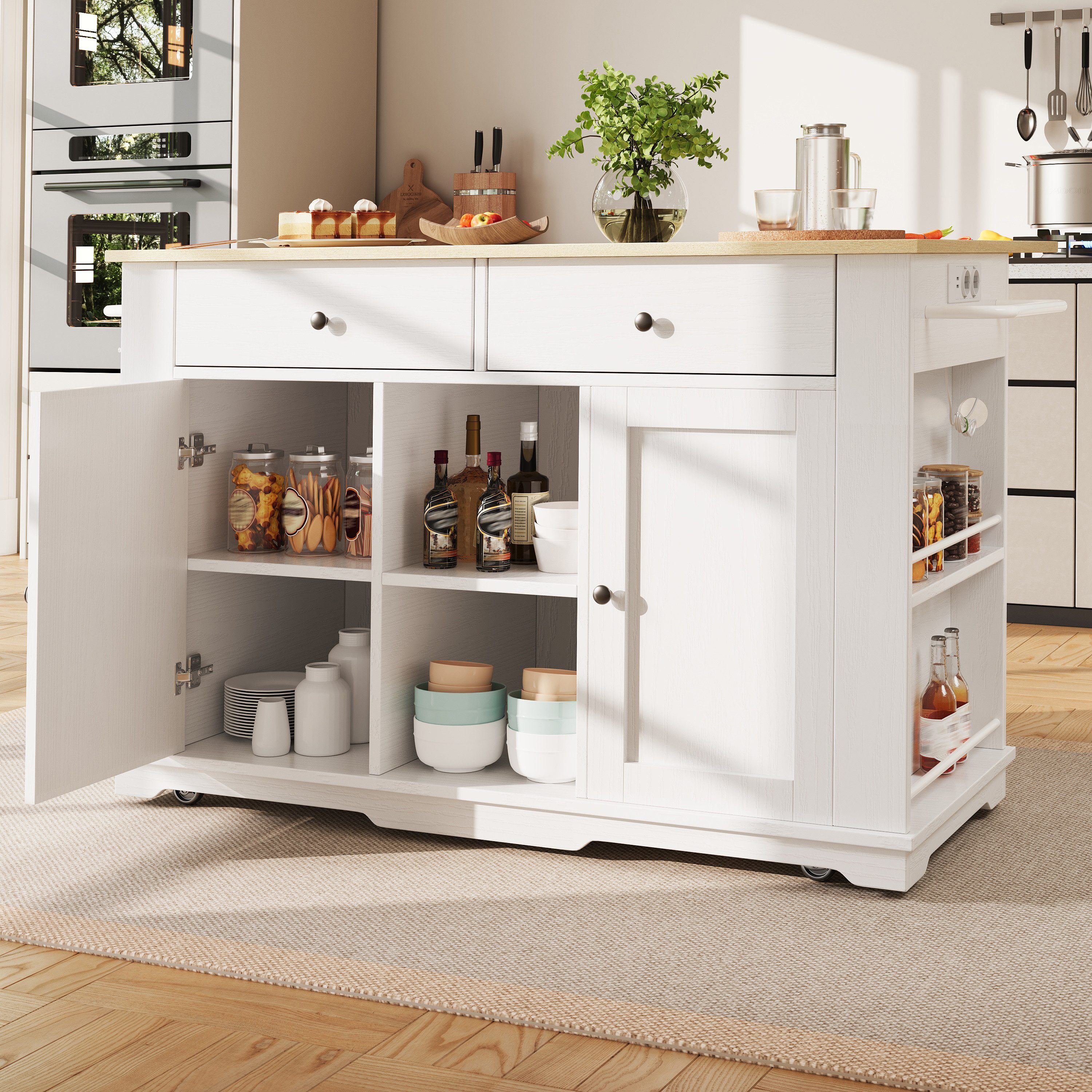 Küchenwagen Kücheninsel Arbeitsplatte Steckdosen Buffetschrank Holz 120x45x90 cm
