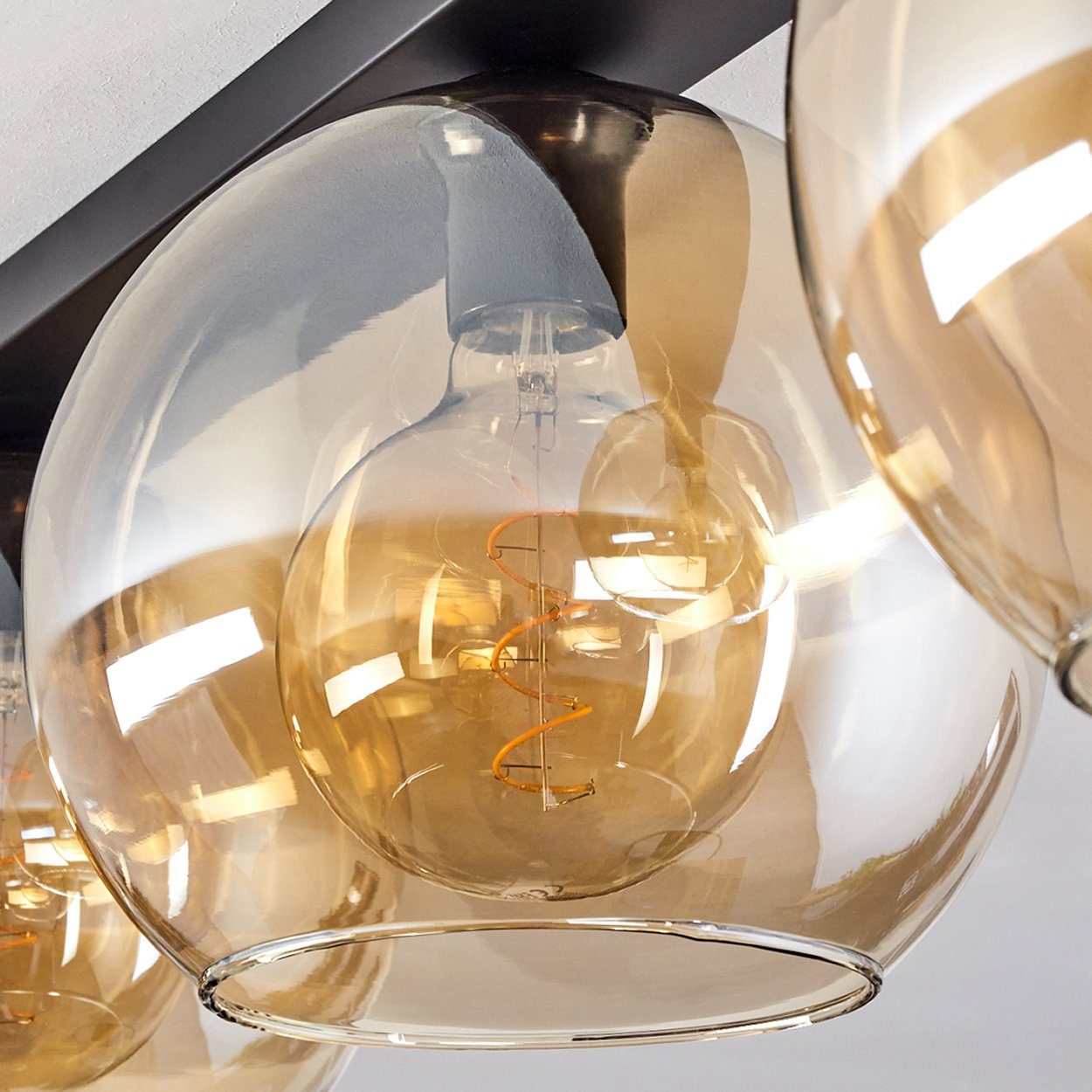 Retro/Vintage-Design Glas hofstein Deckenlampe Schirmen mit Leuchtmittel, in ohne Leuchte Metall/Glas (25cm), aus »Cesaro« 3xE27 Schwarz/Bernsteinfarben/Klar, im aus Deckenleuchte