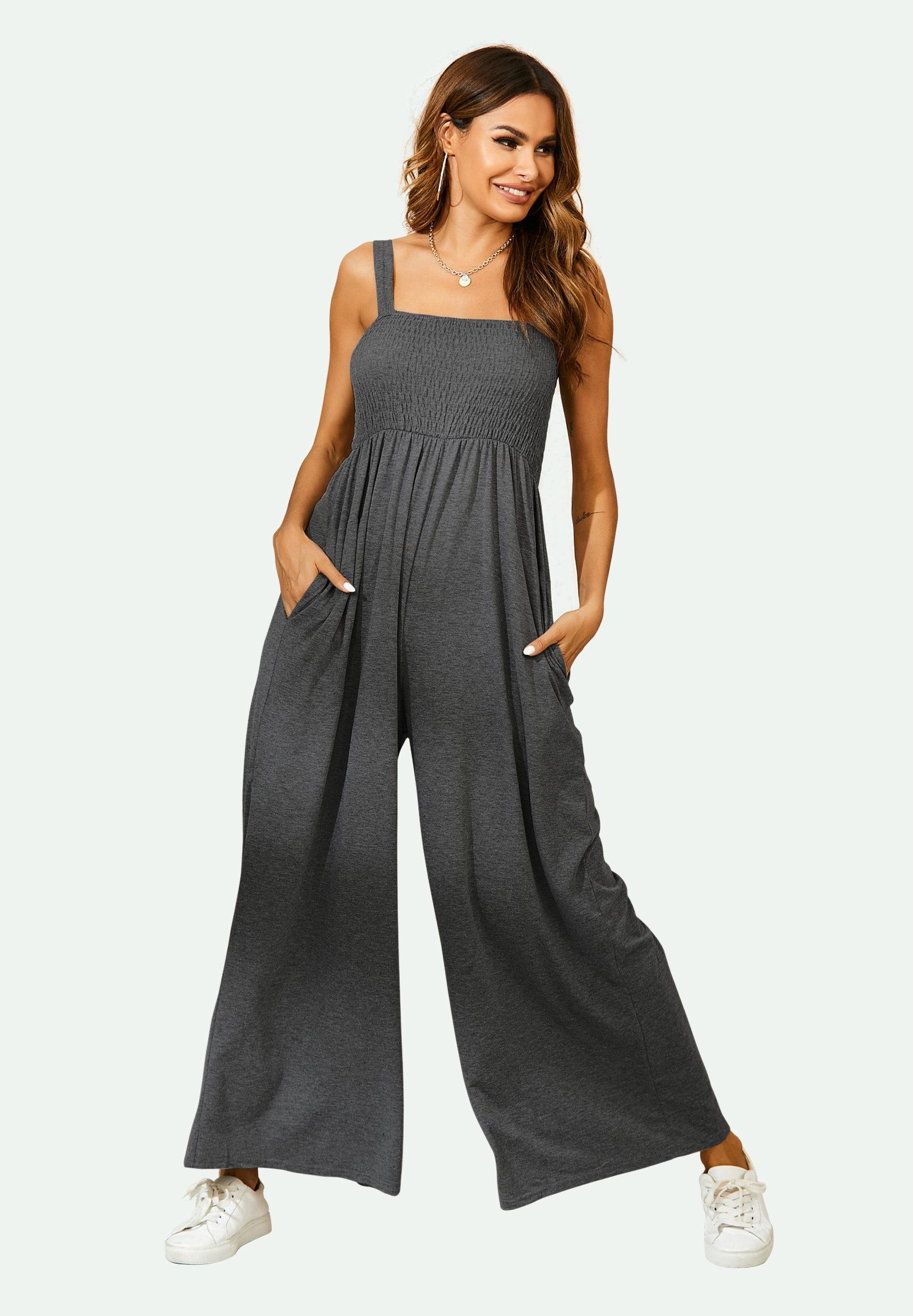 FS Collection Jumpsuit Damen Ärmelloser Jersey-Jumpsuit mit Bardot-Muster und Trägern in Grau (Einheitsgröße: XS (EU:36 / UK:8) · S (EU:38 / UK:10) · M (EU:40 / UK:12) · L (EU:42 / UK:14) · XL (EU:44 / UK:16) 95% Polyester, 5% Elastane – weicher Jersey, elastisch, formstabil