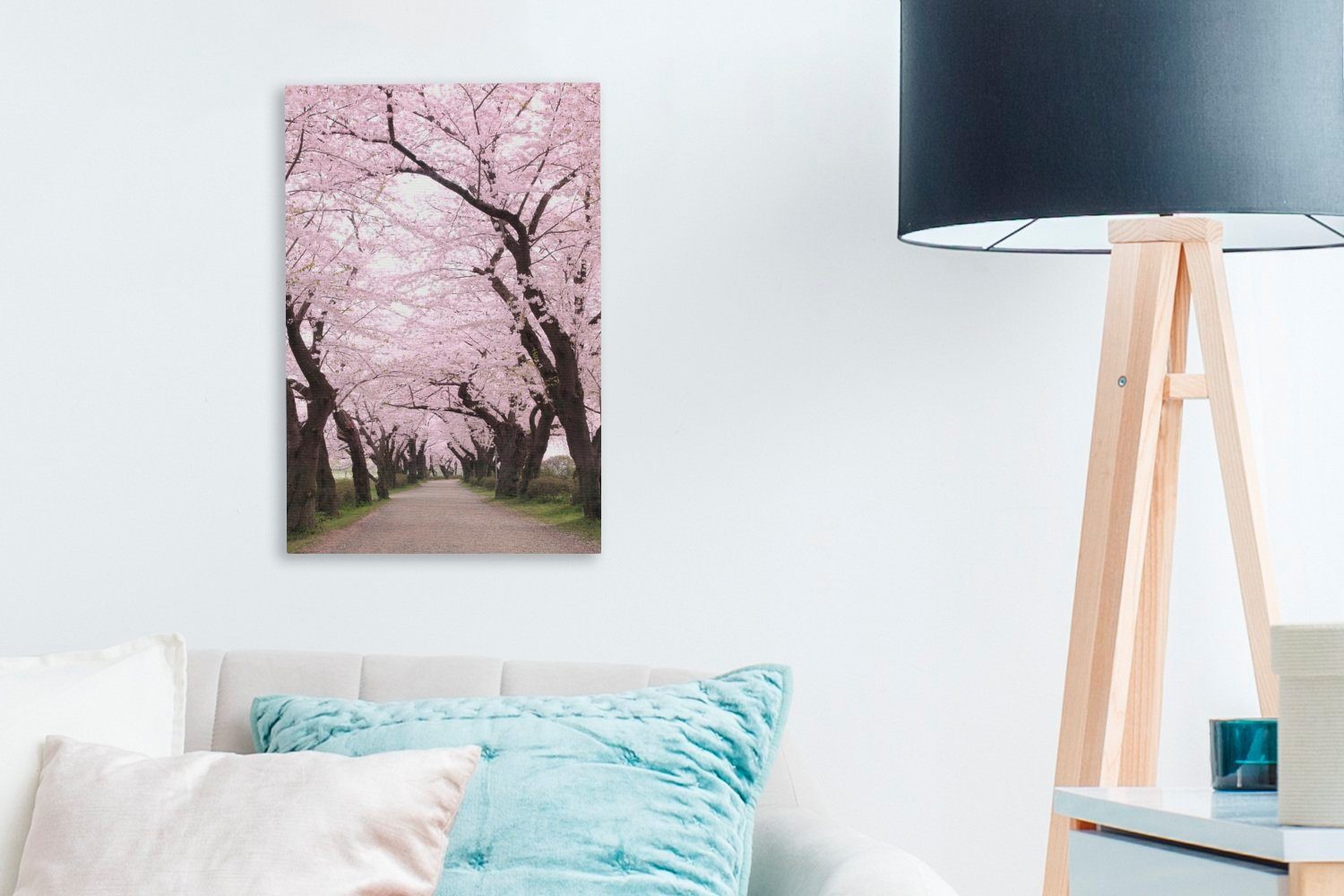 OneMillionCanvasses® Leinwandbild Kirschblüte Zackenaufhänger, Leinwandbild am 20x30 (1 Straßenrand, inkl. Gemälde, bespannt fertig St), cm