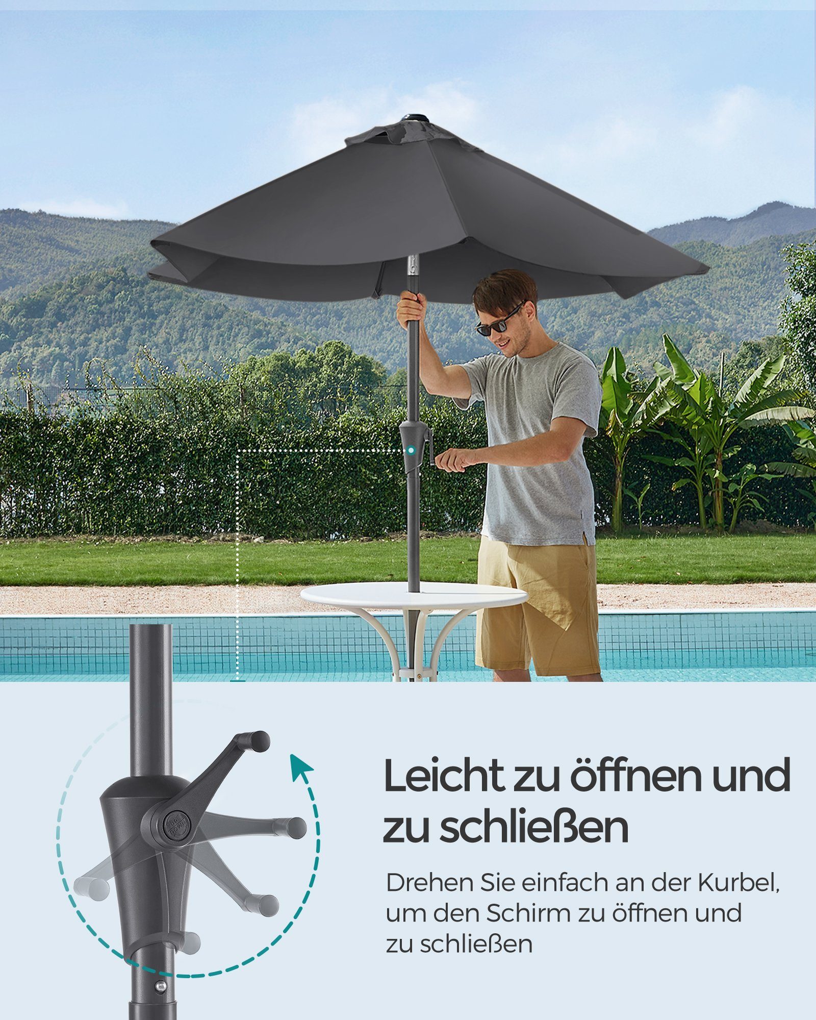 SONGMICS Sonnenschirm, UPF 50+, mit Kurbel, beidseitig um 30° knickbar, ∅200cm, ohne Ständer