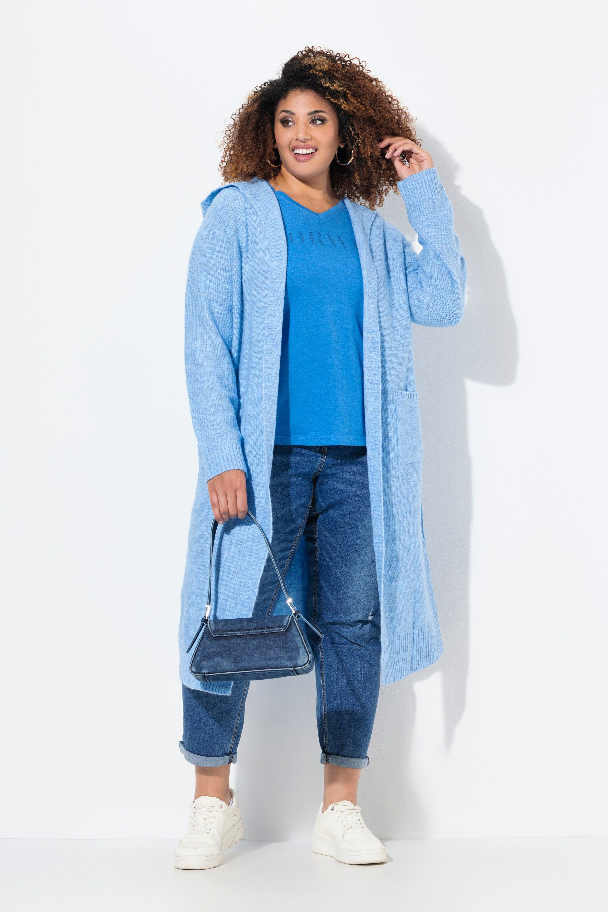 Ulla Popken Strickjacke Long-Strickjacke Kapuze offene Jacke Linksstrick