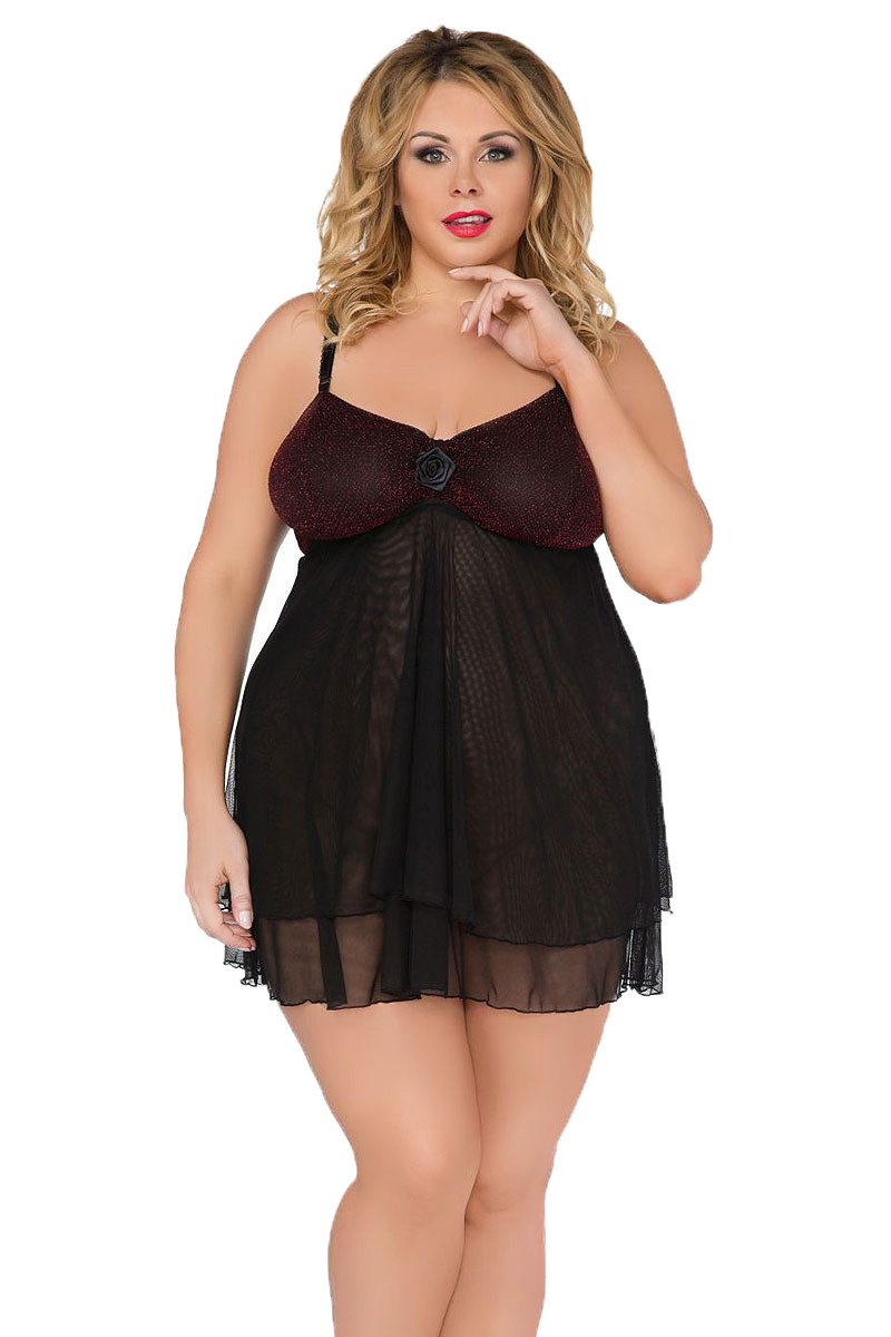 Negligé Damen XXL Dessous Chemise Negligee in schwarz erotisches Mini-Nachtkle