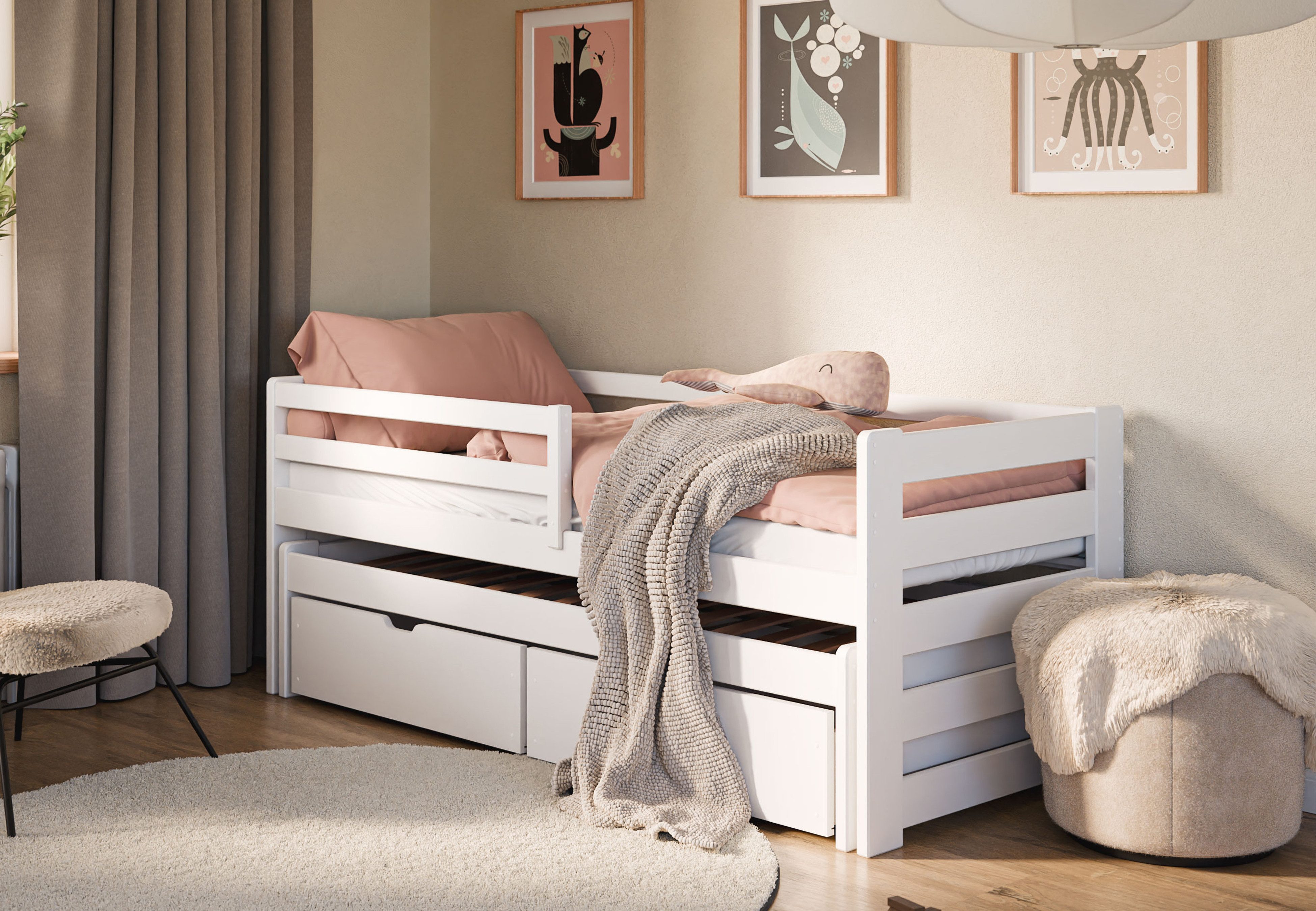 Jugendbett Einzelbett Kinderbett 90x200 cm, Lattenrost, Rausfallschutz Vollholz